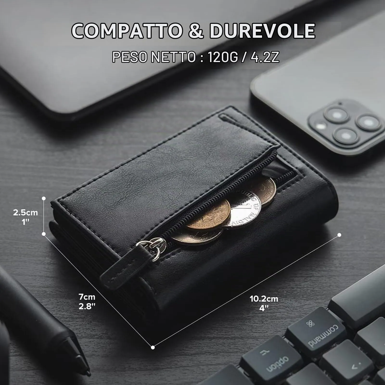 IceReco Portafoglio Uomo Con Portamonete, Mini Protezione RFID, Slim in Pelle Vera Nero, Piccolo Pinko Magnetico per Credito Carte Lampo Banconote - immagine 4