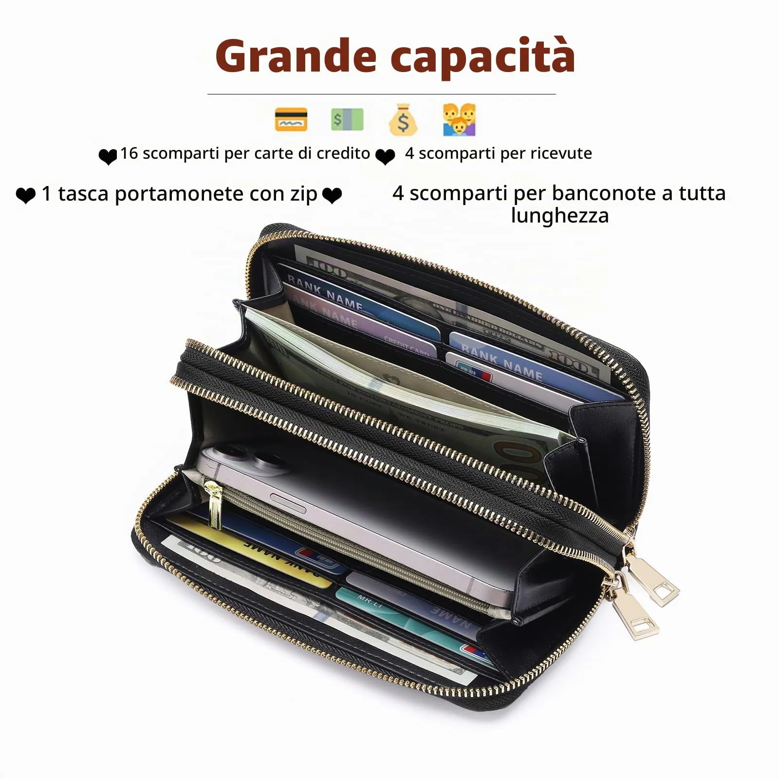 GOIACII Portafoglio Donna Grande Capacità Doppia Cerniera Porta Carta di Credito Portafogli da Donna in Pelle con Blocco RFID Telefono Wristlet - immagine 3