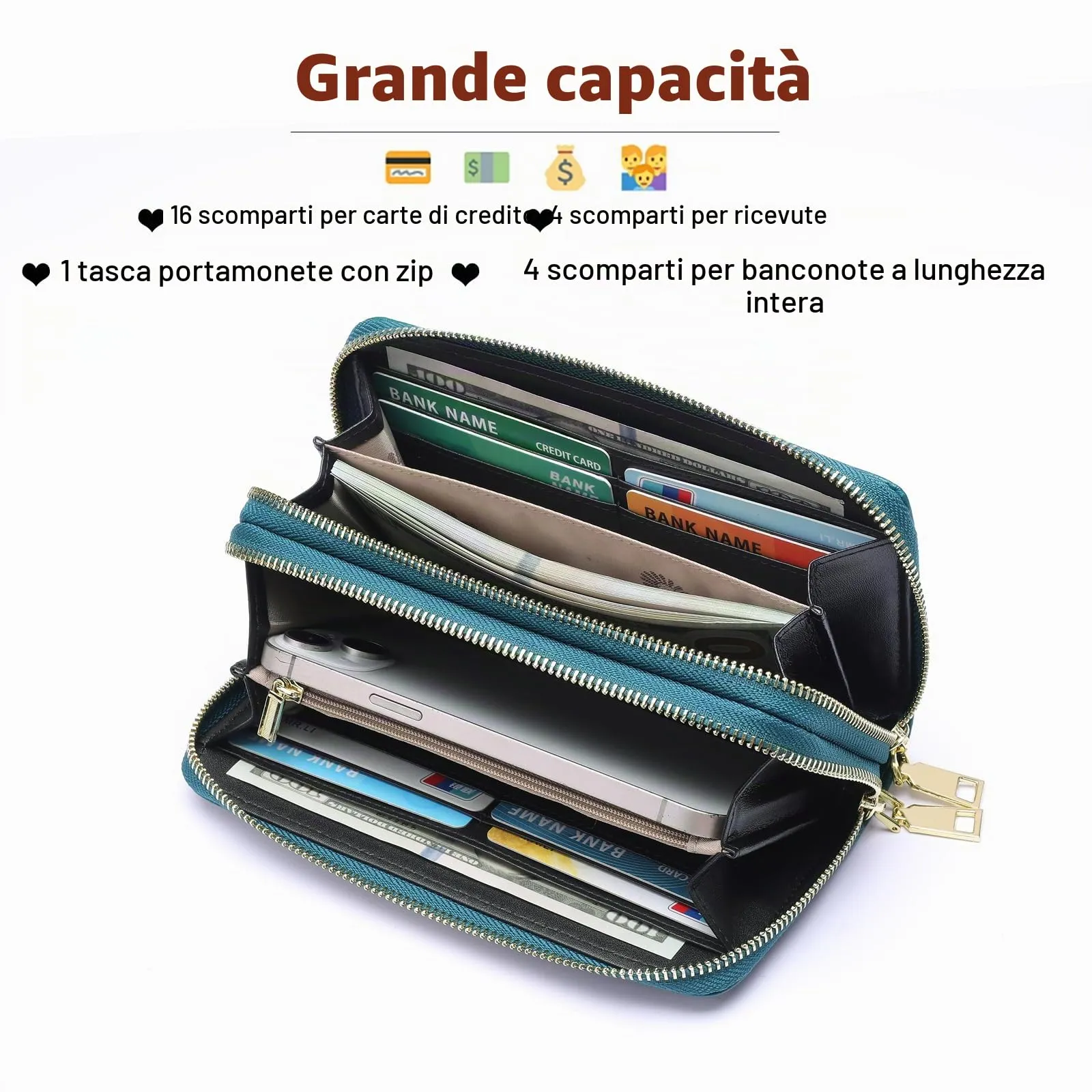 GOIACII Portafoglio Donna Grande Capacità Doppia Cerniera Porta Carta di Credito Portafogli da Donna in Pelle con Blocco RFID Telefono Wristlet - immagine 3