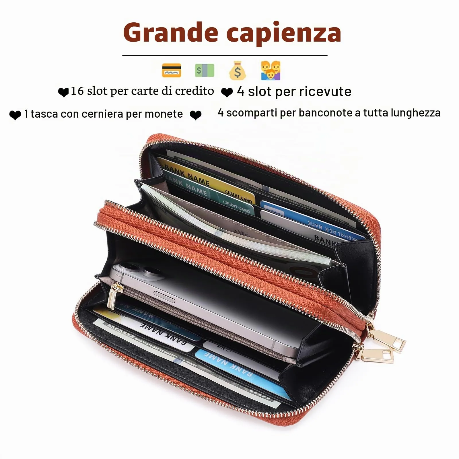 GOIACII Portafoglio Donna Grande Capacità Doppia Cerniera Porta Carta di Credito Portafogli da Donna in Pelle con Blocco RFID Telefono Wristlet - immagine 3