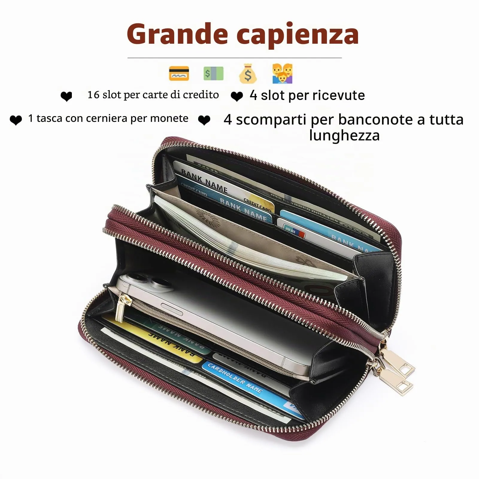 GOIACII Portafoglio Donna Grande Capacità Doppia Cerniera Porta Carta di Credito Portafogli da Donna in Pelle con Blocco RFID Telefono Wristlet - immagine 3