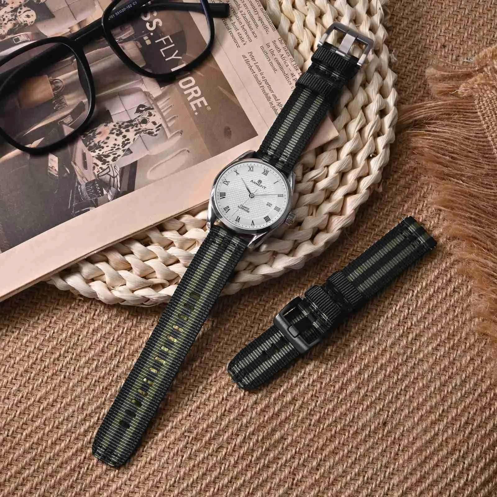 ANNEFIT Cinturino Orologio Nylon 20mm, Cinturini per Orologi Militari a Sgancio Rapido per Uomo Donna (Nero+Grigio) - immagine 2