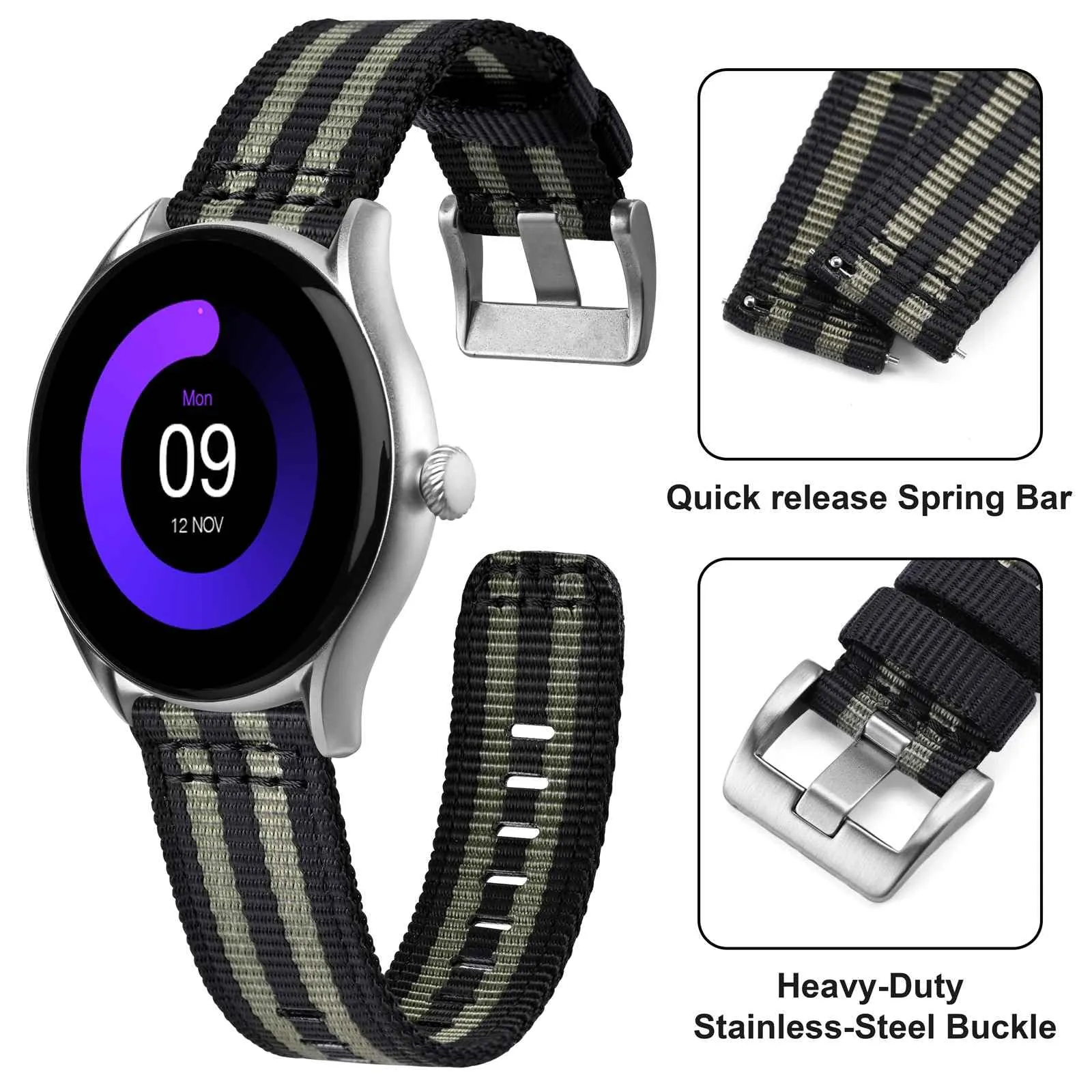 ANNEFIT Cinturino Orologio Nylon 20mm, Cinturini per Orologi Militari a Sgancio Rapido per Uomo Donna (Nero+Grigio) - immagine 3