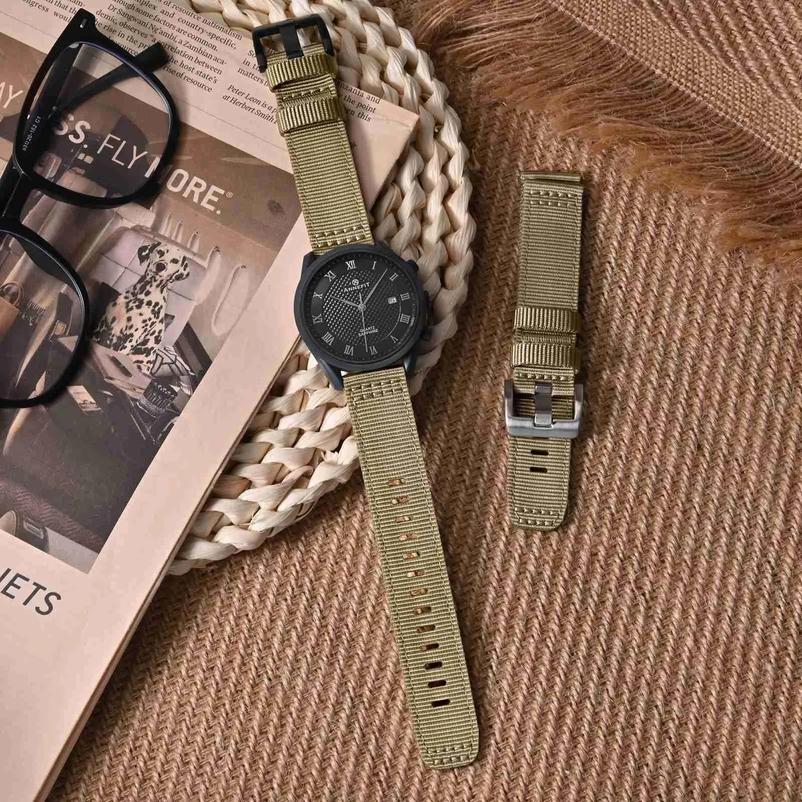 ANNEFIT Cinturino Orologio Nylon 18mm con Fibbia Nera, Cinturini per Orologi Militari a Sgancio Rapido per Uomo Donna (Cachi) - immagine 2