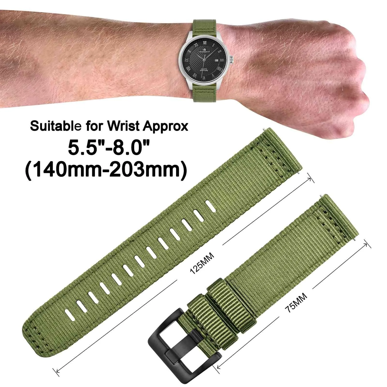ANNEFIT Cinturino Orologio Nylon 20mm con Fibbia Nera, Cinturini per Orologi Militari a Sgancio Rapido per Uomo Donna (Verde) - immagine 4