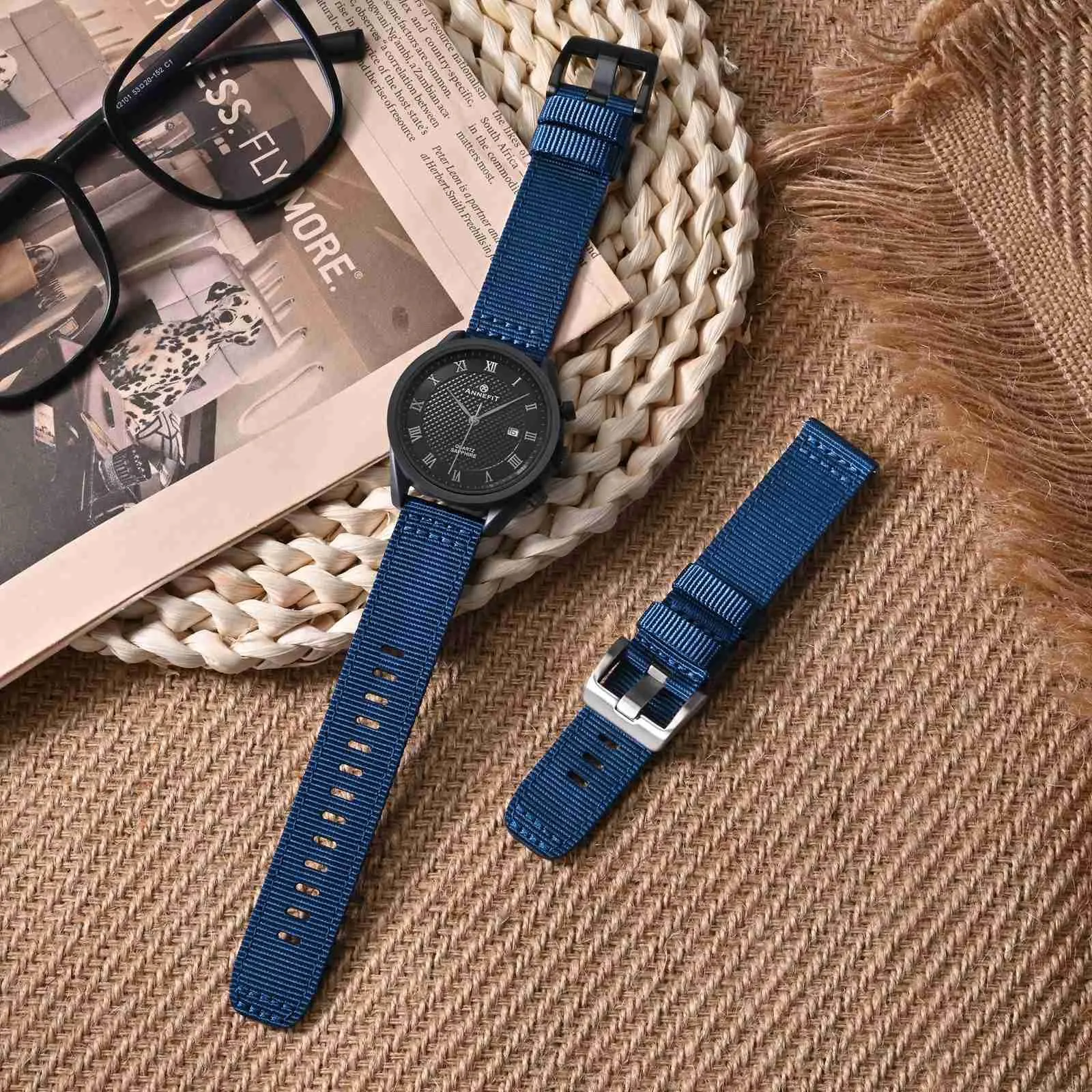 ANNEFIT Cinturino Orologio Nylon 18mm con Fibbia Nera, Cinturini per Orologi Militari a Sgancio Rapido per Uomo Donna (Blu) - immagine 2
