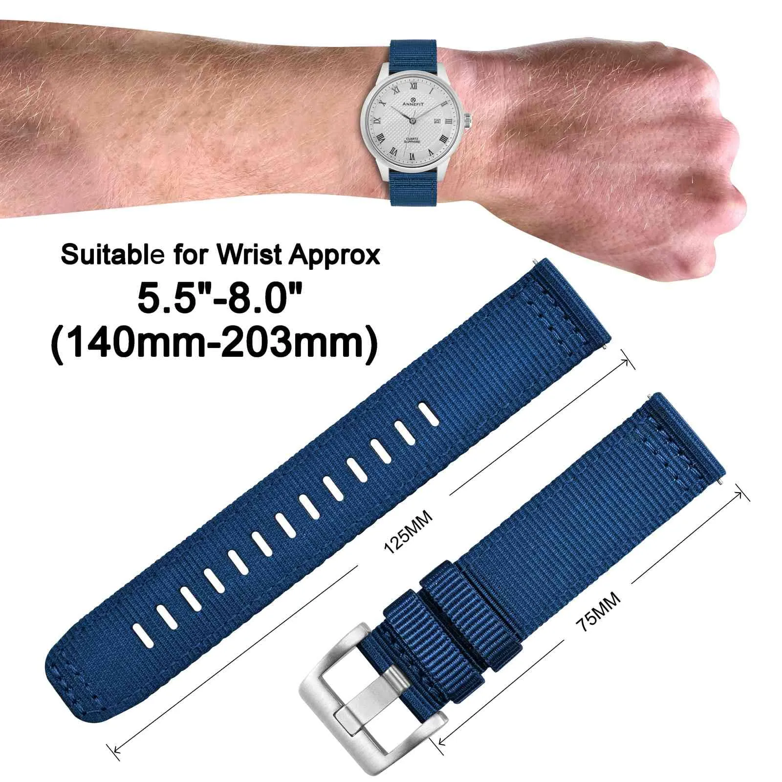 ANNEFIT Cinturino Orologio Nylon 20mm, Cinturini per Orologi Militari a Sgancio Rapido per Uomo Donna (Blu) - immagine 4