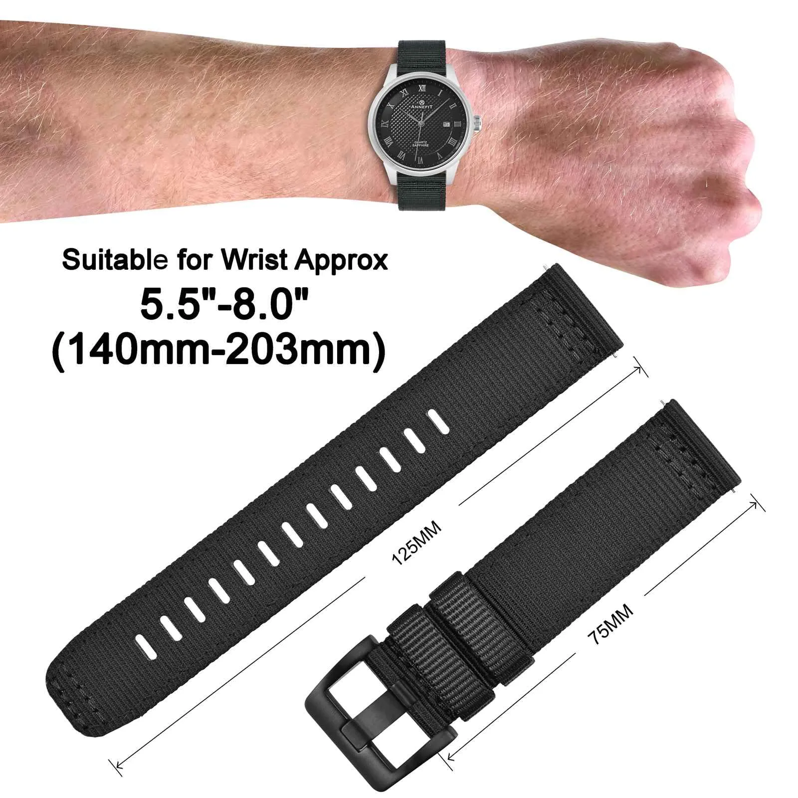 ANNEFIT Cinturino Orologio Nylon 18mm con Fibbia Nera, Cinturini per Orologi Militari a Sgancio Rapido per Uomo Donna (Nero) - immagine 4
