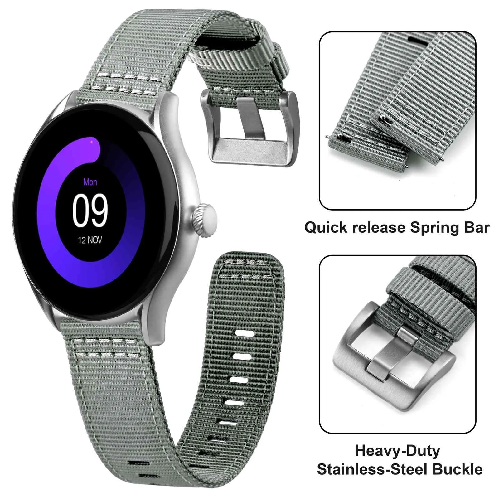 ANNEFIT Cinturino Orologio Nylon 20mm, Cinturini per Orologi Militari a Sgancio Rapido per Uomo Donna (Grigio) - immagine 3