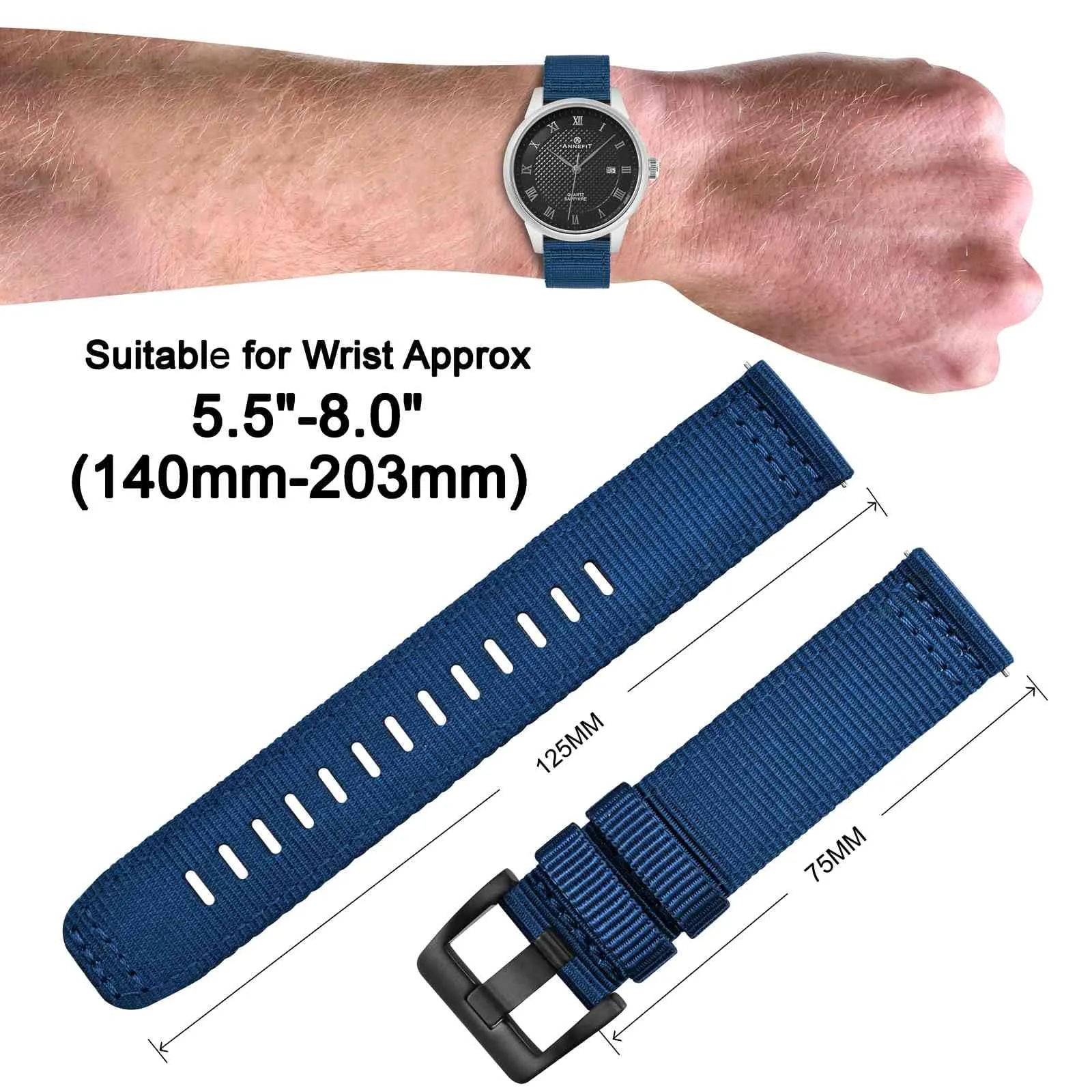 ANNEFIT Cinturino Orologio Nylon 22mm con Fibbia Nera, Cinturini per Orologi Militari a Sgancio Rapido per Uomo Donna (Blu) - immagine 4