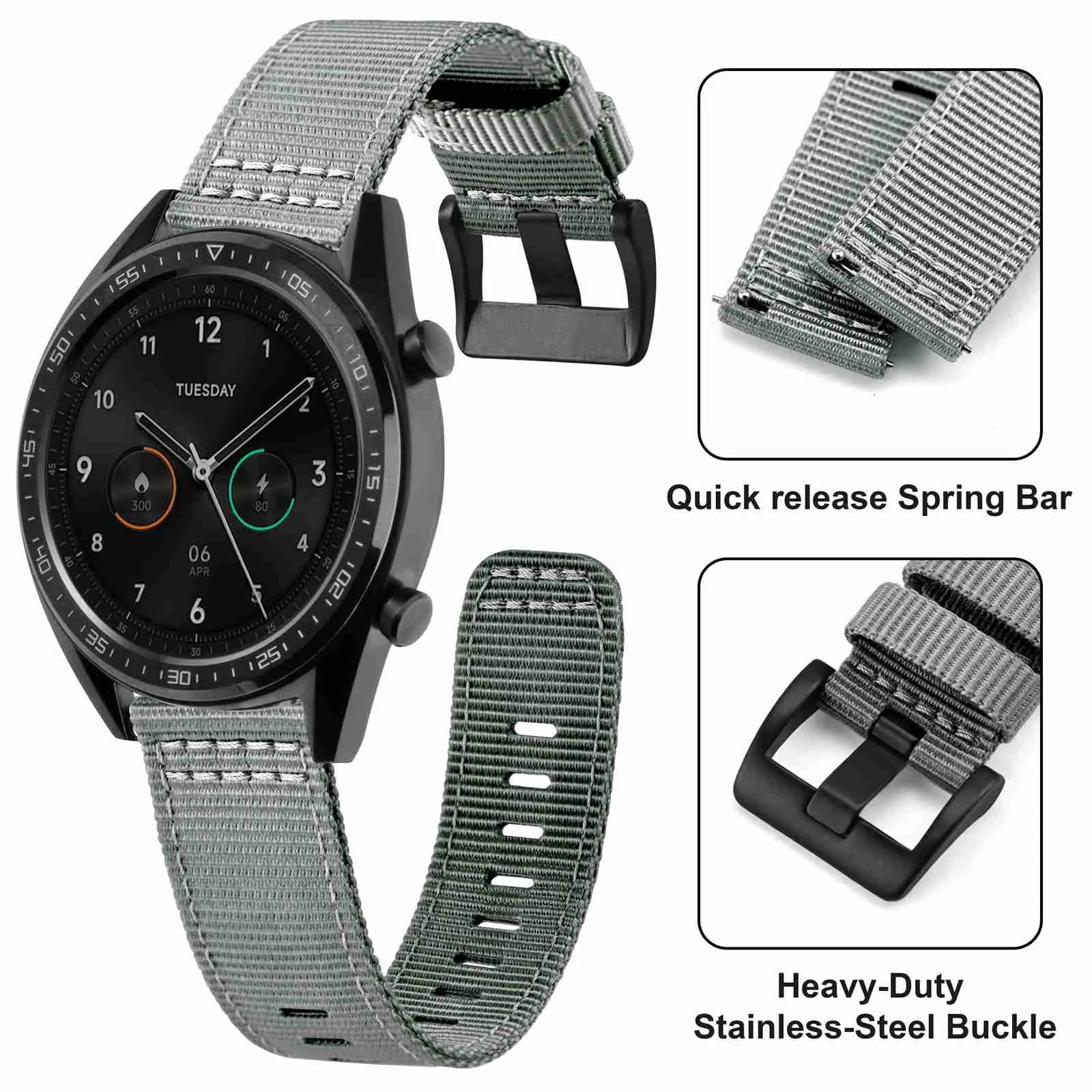 ANNEFIT Cinturino Orologio Nylon 20mm con Fibbia Nera, Cinturini per Orologi Militari a Sgancio Rapido per Uomo Donna (Grigio) - immagine 3