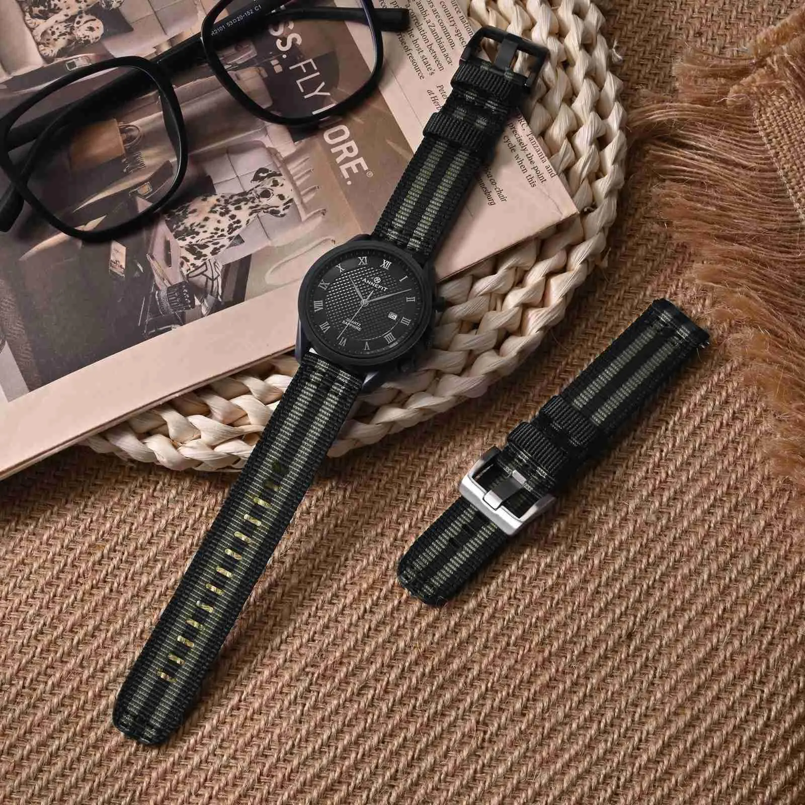 ANNEFIT Cinturino Orologio Nylon 20mm con Fibbia Nera, Cinturini per Orologi Militari a Sgancio Rapido per Uomo Donna (Nero+Grigio) - immagine 2