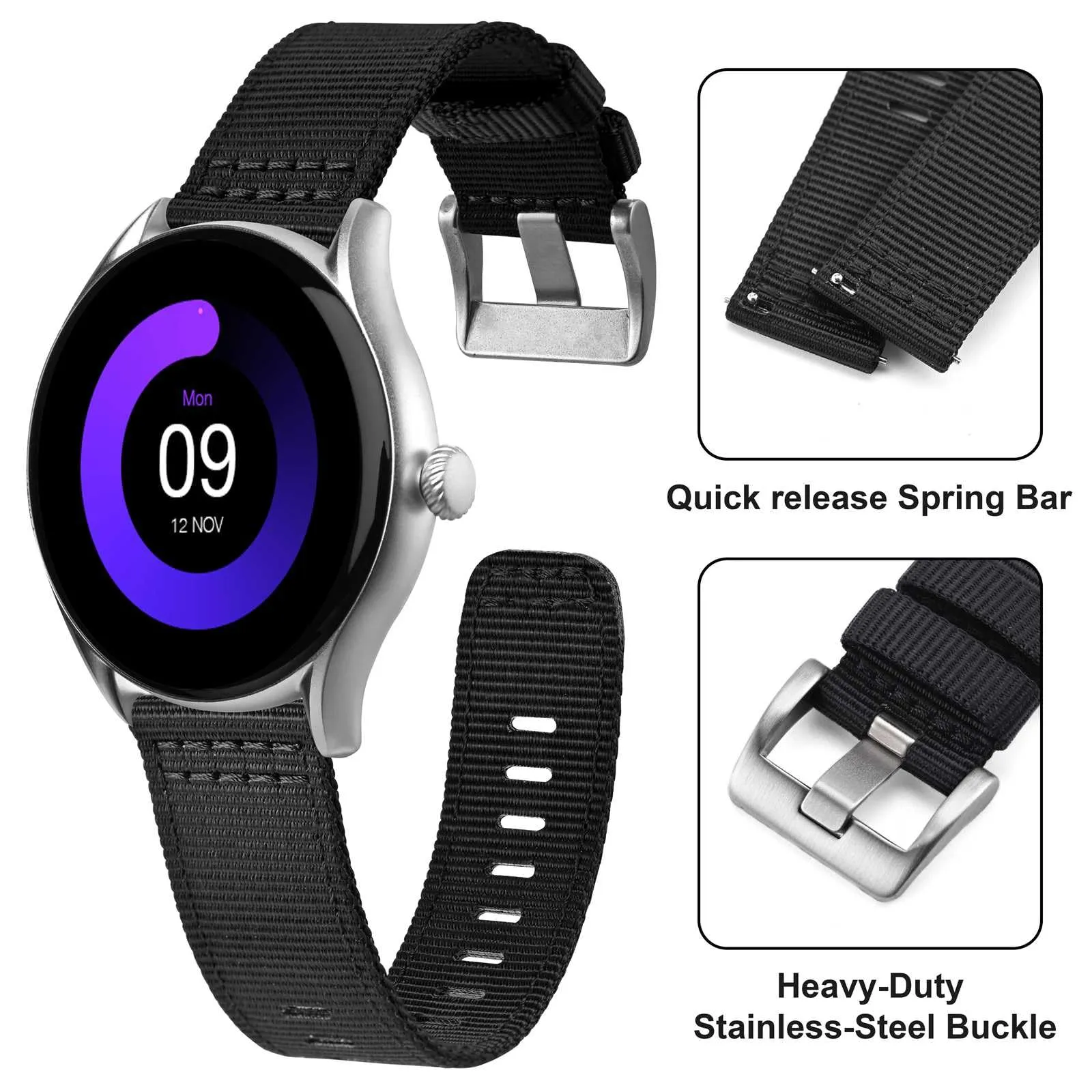ANNEFIT Cinturino Orologio Nylon 22mm, Cinturini per Orologi Militari a Sgancio Rapido per Uomo Donna (Nero) - immagine 3