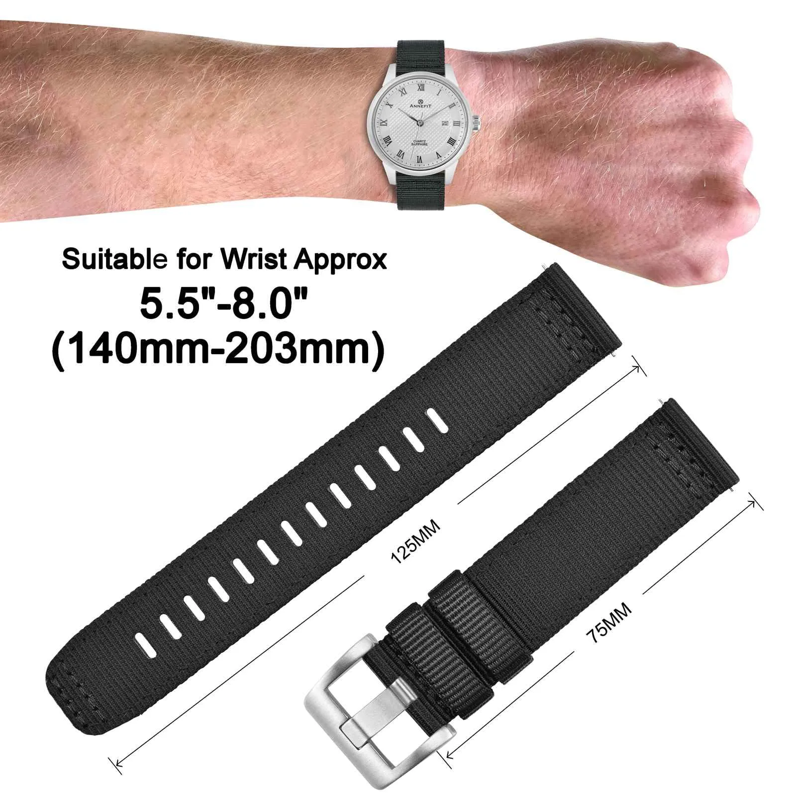 ANNEFIT Cinturino Orologio Nylon 22mm, Cinturini per Orologi Militari a Sgancio Rapido per Uomo Donna (Nero) - immagine 4
