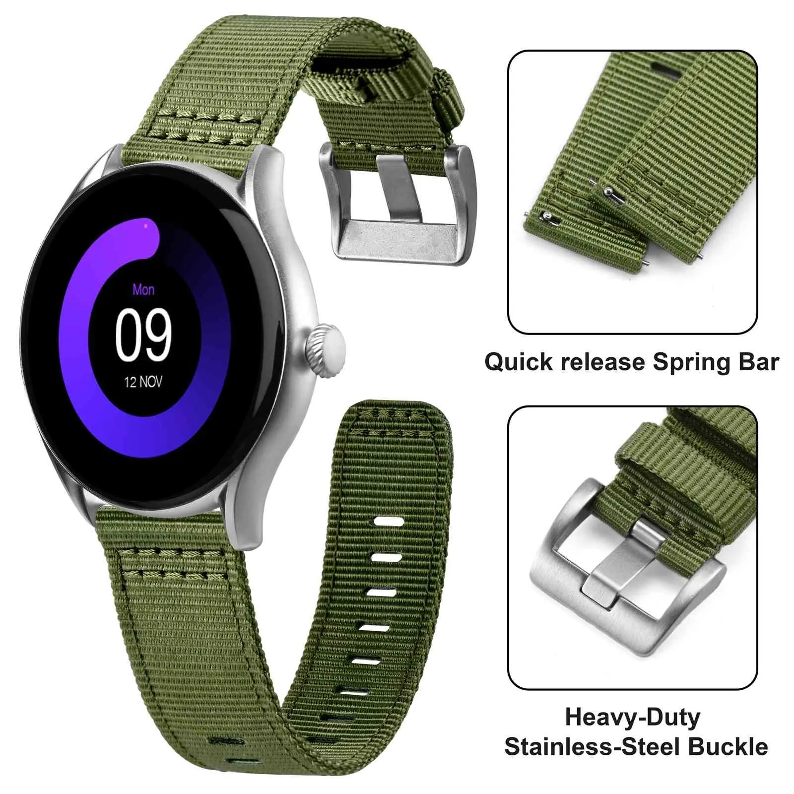 ANNEFIT Cinturino Orologio Nylon 20mm, Cinturini per Orologi Militari a Sgancio Rapido per Uomo Donna (Verde) - immagine 3