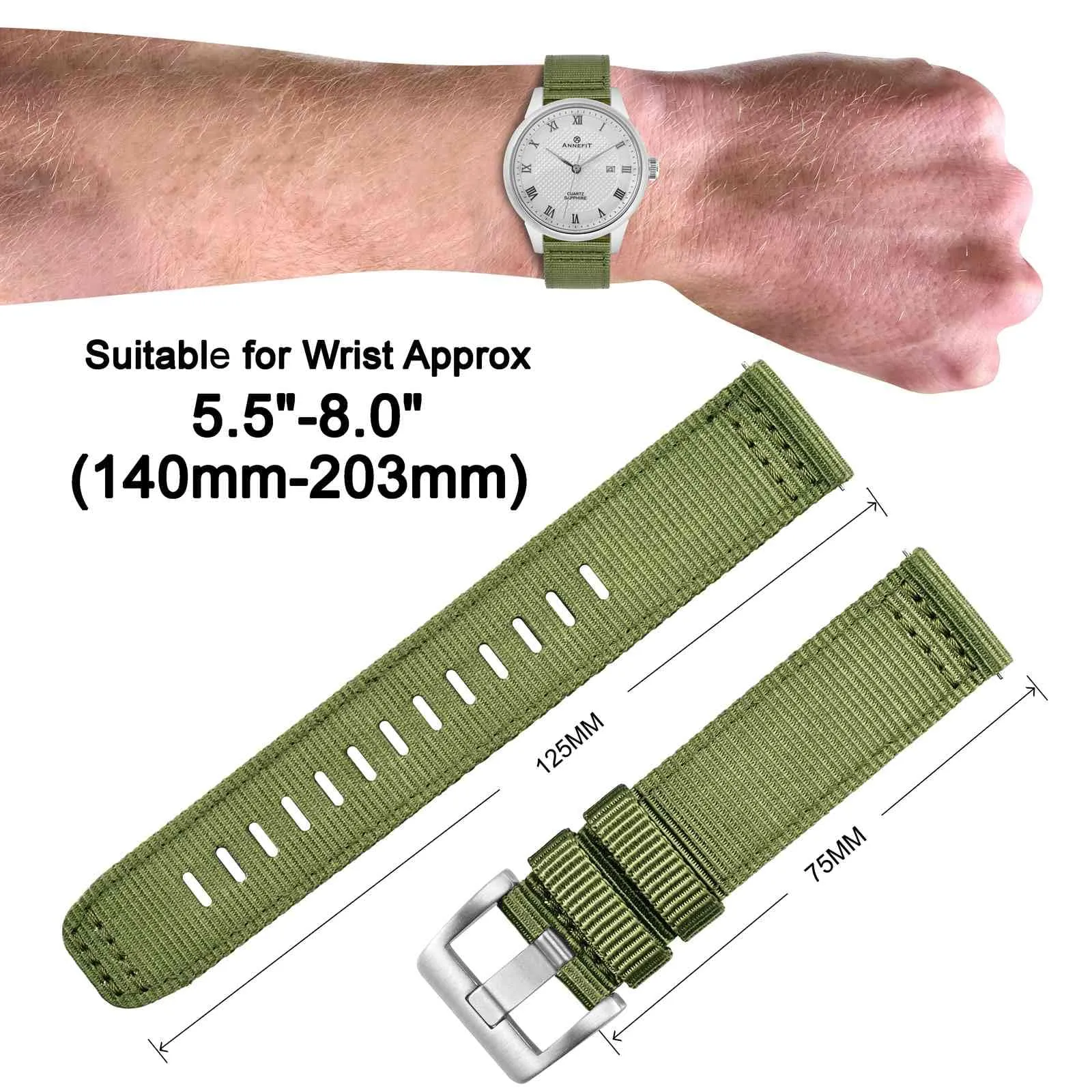 ANNEFIT Cinturino Orologio Nylon 18mm, Cinturini per Orologi Militari a Sgancio Rapido per Uomo Donna (Verde) - immagine 4