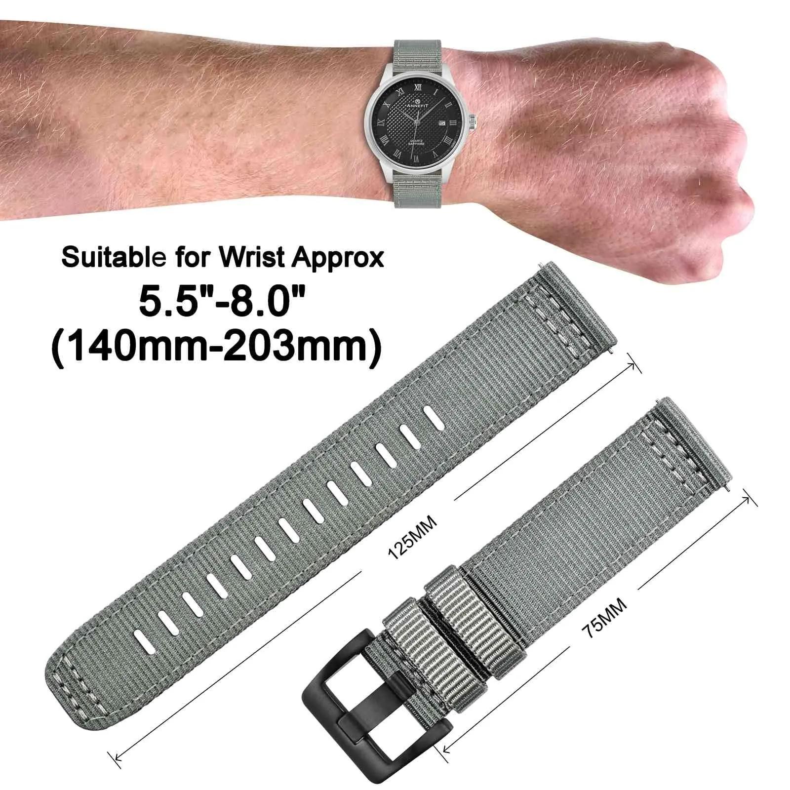 ANNEFIT Cinturino Orologio Nylon 19mm con Fibbia Nera, Cinturini per Orologi Militari a Sgancio Rapido per Uomo Donna (Grigio) - immagine 4