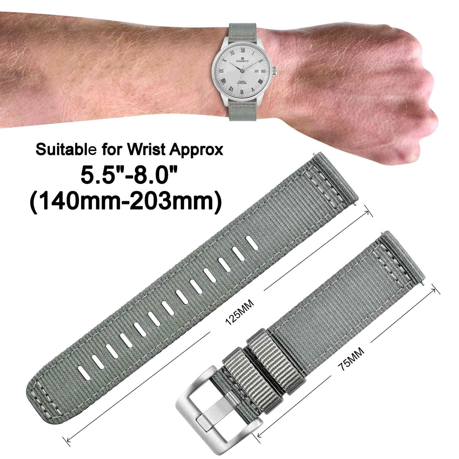 ANNEFIT Cinturino Orologio Nylon 19mm, Cinturini per Orologi Militari a Sgancio Rapido per Uomo Donna (Grigio) - immagine 4