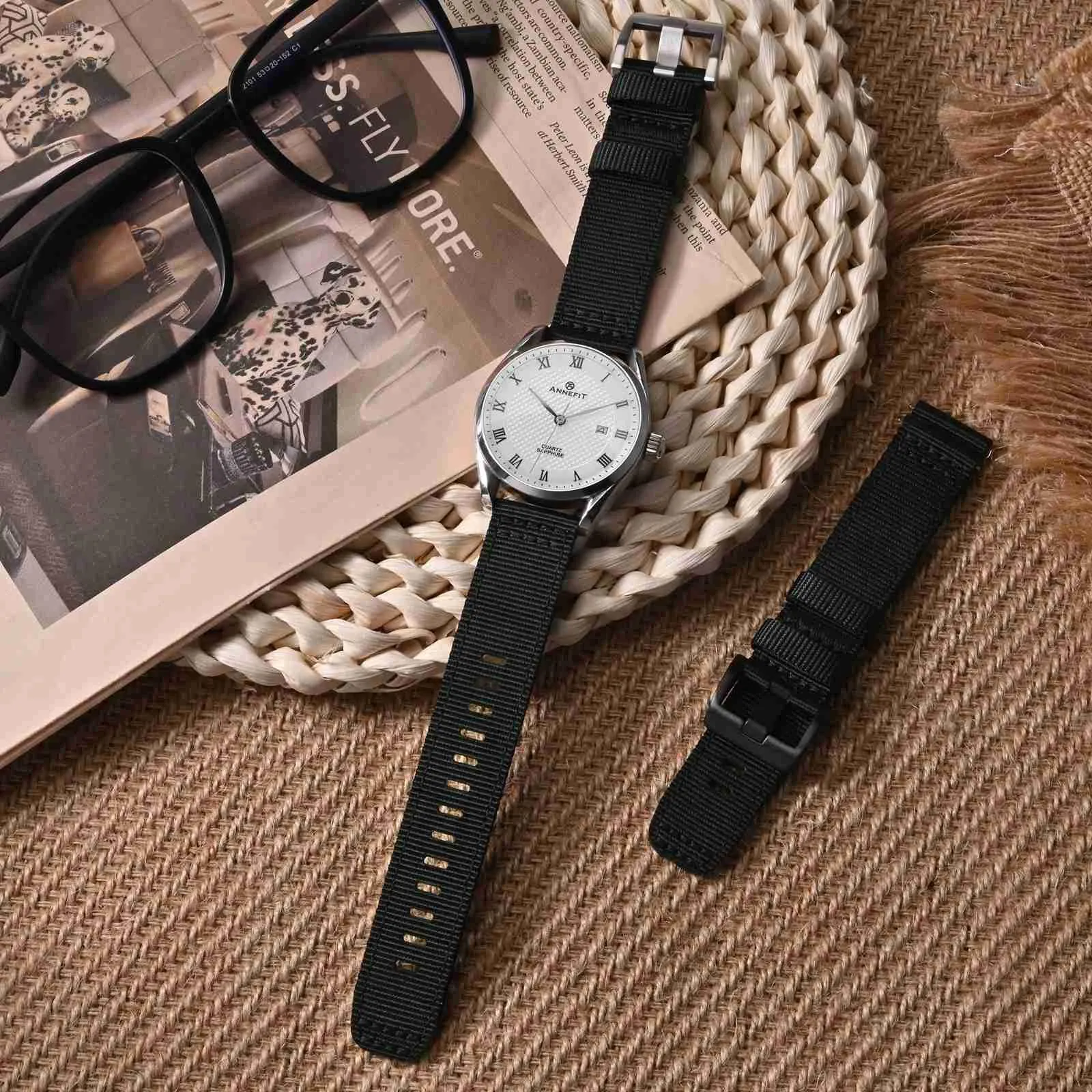 ANNEFIT Cinturino Orologio Nylon 24mm, Cinturini per Orologi Militari a Sgancio Rapido per Uomo Donna (Nero) - immagine 2