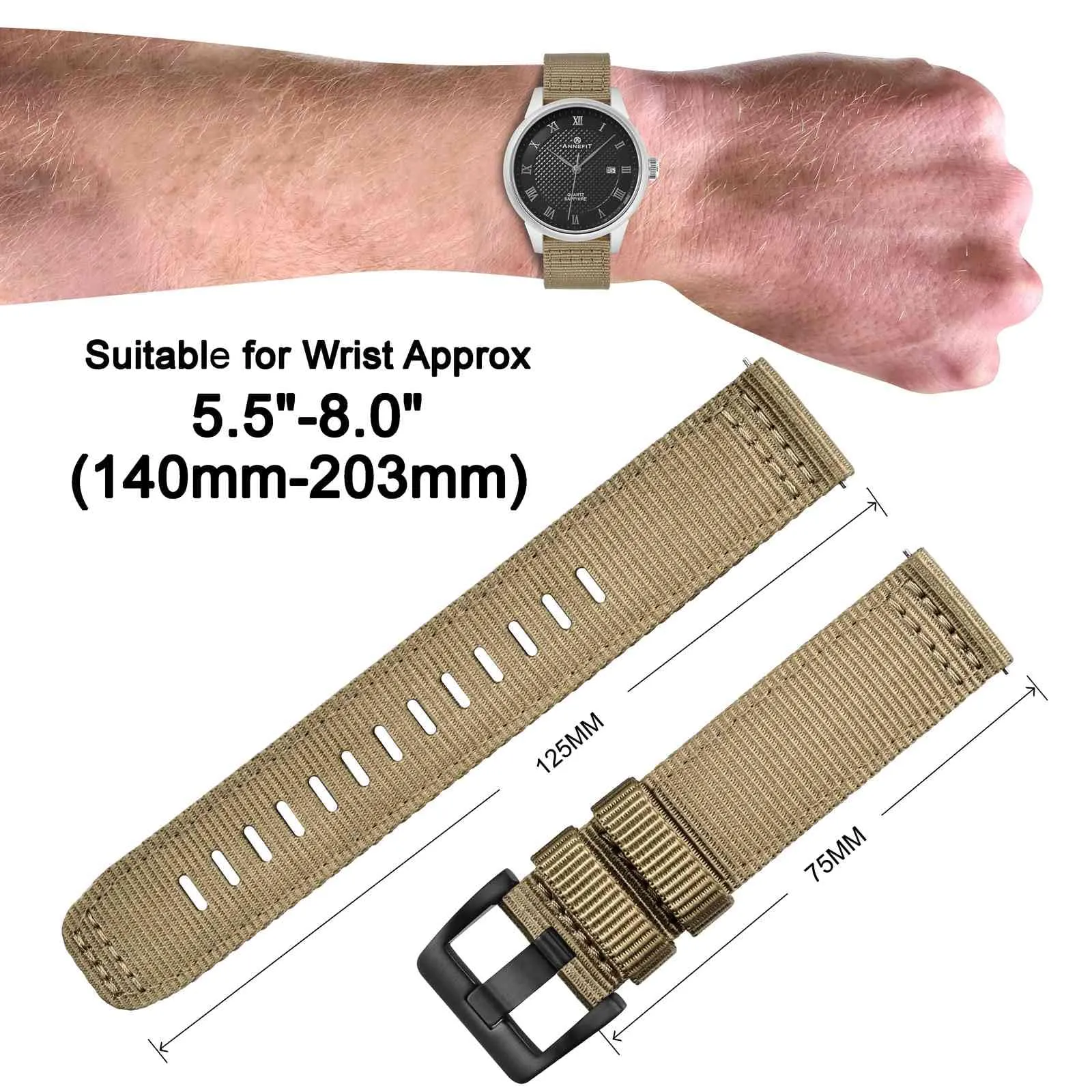 ANNEFIT Cinturino Orologio Nylon 19mm con Fibbia Nera, Cinturini per Orologi Militari a Sgancio Rapido per Uomo Donna (Cachi) - immagine 4