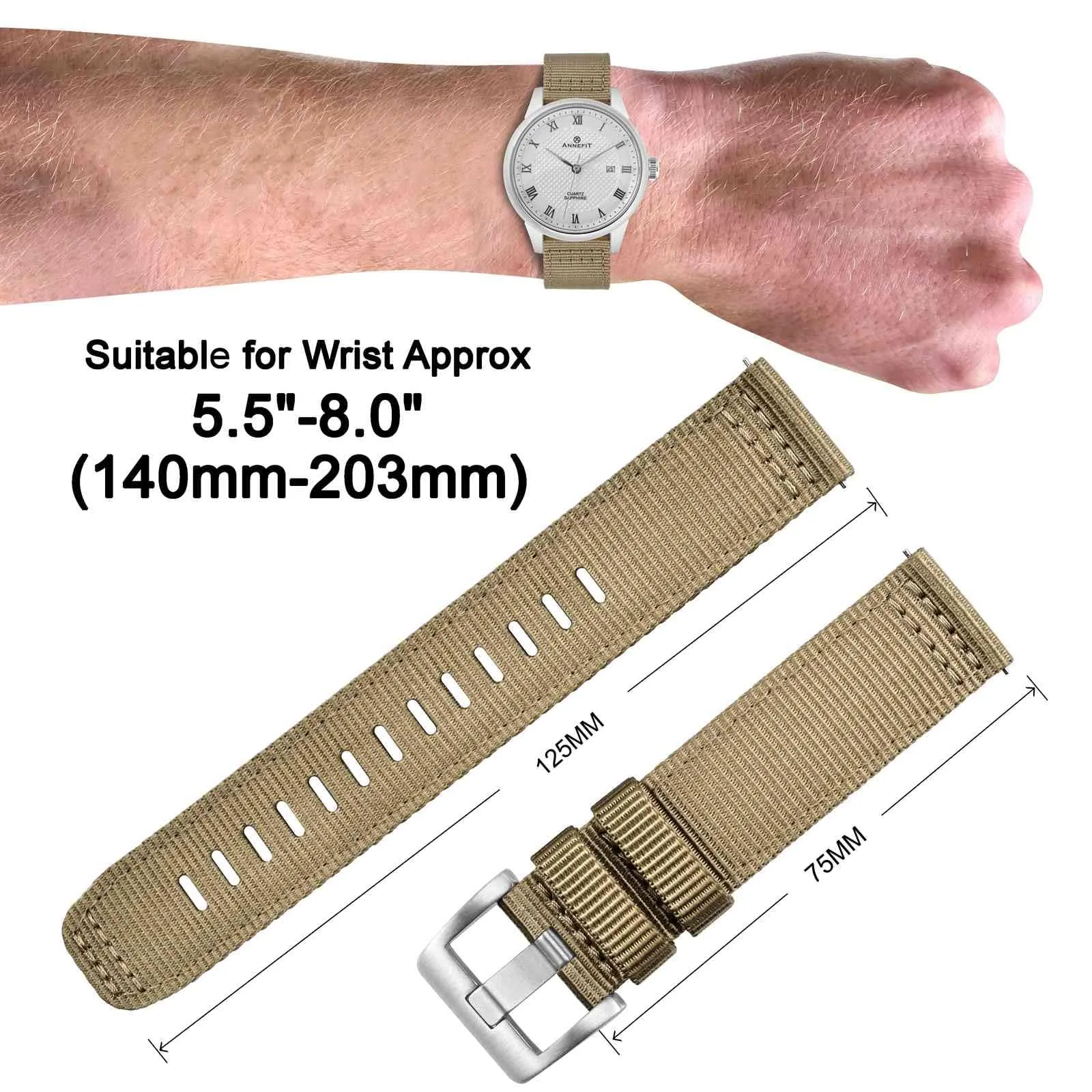 ANNEFIT Cinturino Orologio Nylon 19mm, Cinturini per Orologi Militari a Sgancio Rapido per Uomo Donna (Cachi) - immagine 4