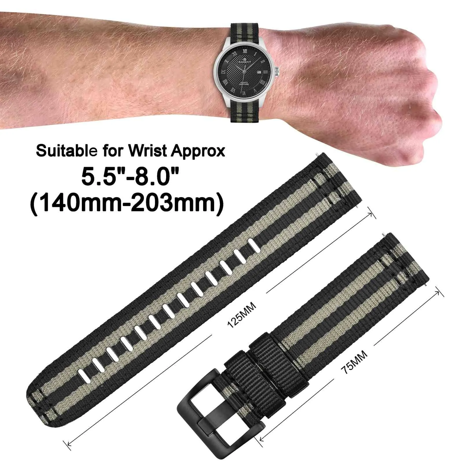 ANNEFIT Cinturino Orologio Nylon 19mm con Fibbia Nera, Cinturini per Orologi Militari a Sgancio Rapido per Uomo Donna (Nero+Grigio) - immagine 4