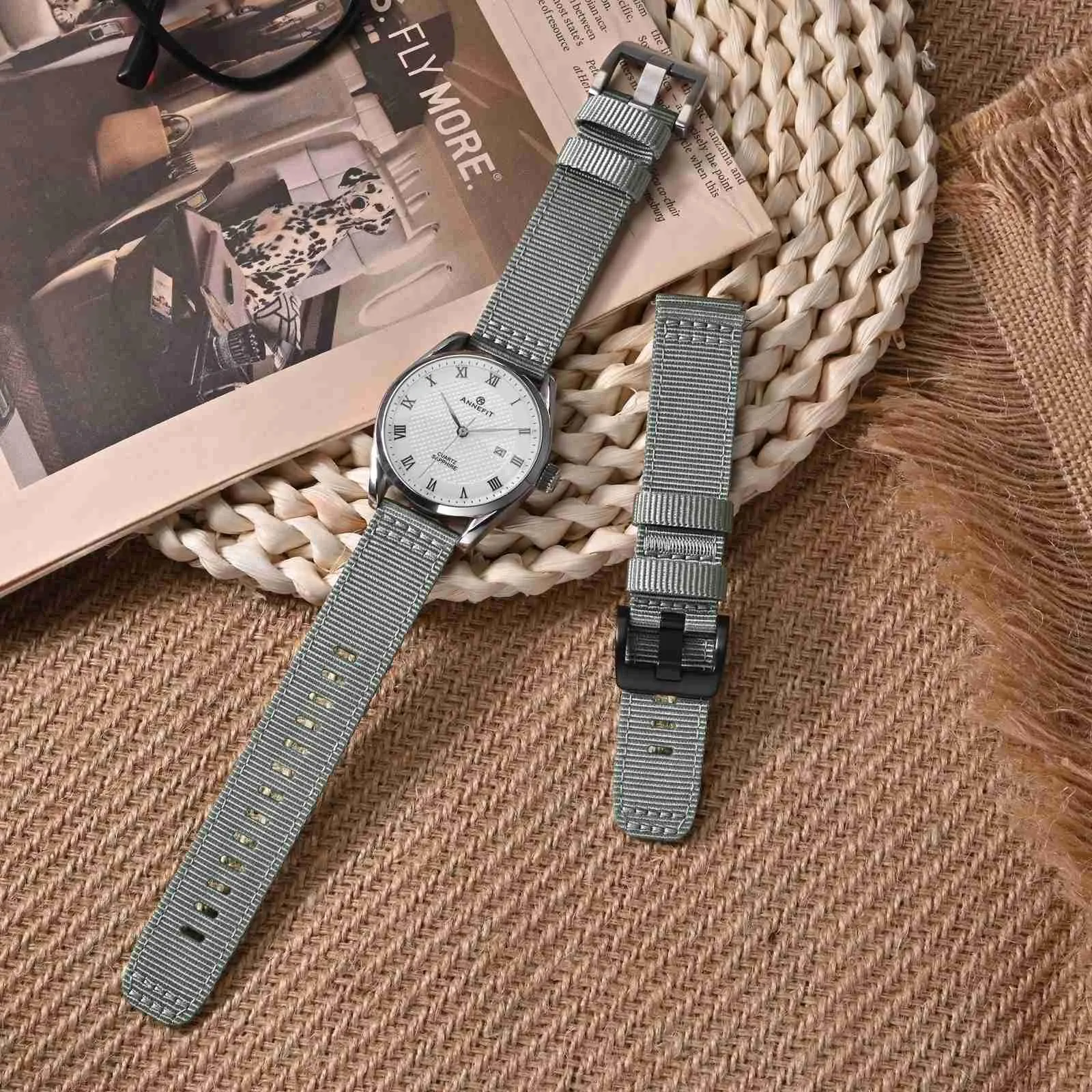 ANNEFIT Cinturino Orologio Nylon 24mm, Cinturini per Orologi Militari a Sgancio Rapido per Uomo Donna (Grigio) - immagine 2