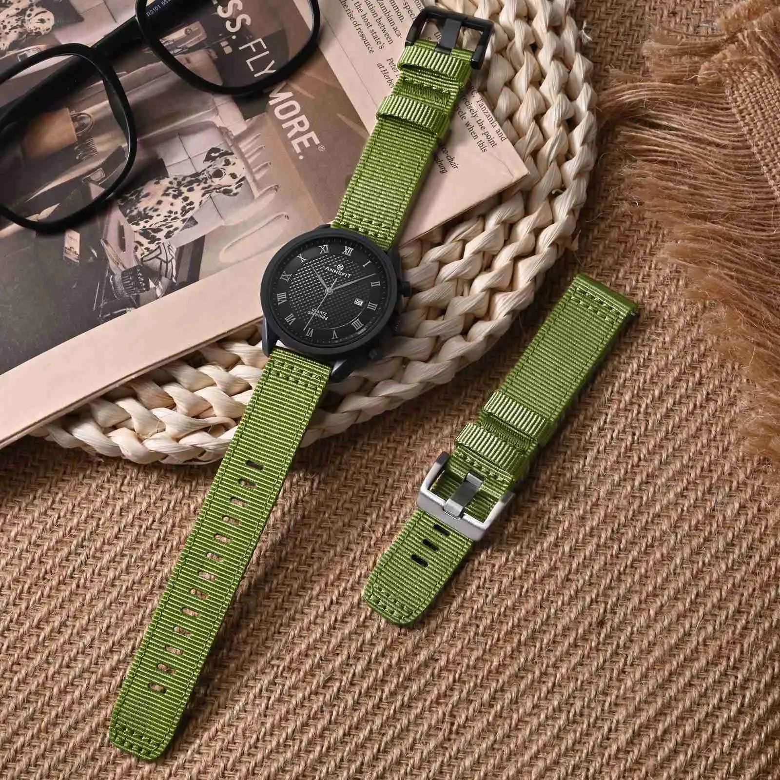 ANNEFIT Cinturino Orologio Nylon 19mm con Fibbia Nera, Cinturini per Orologi Militari a Sgancio Rapido per Uomo Donna (Verde) - immagine 2