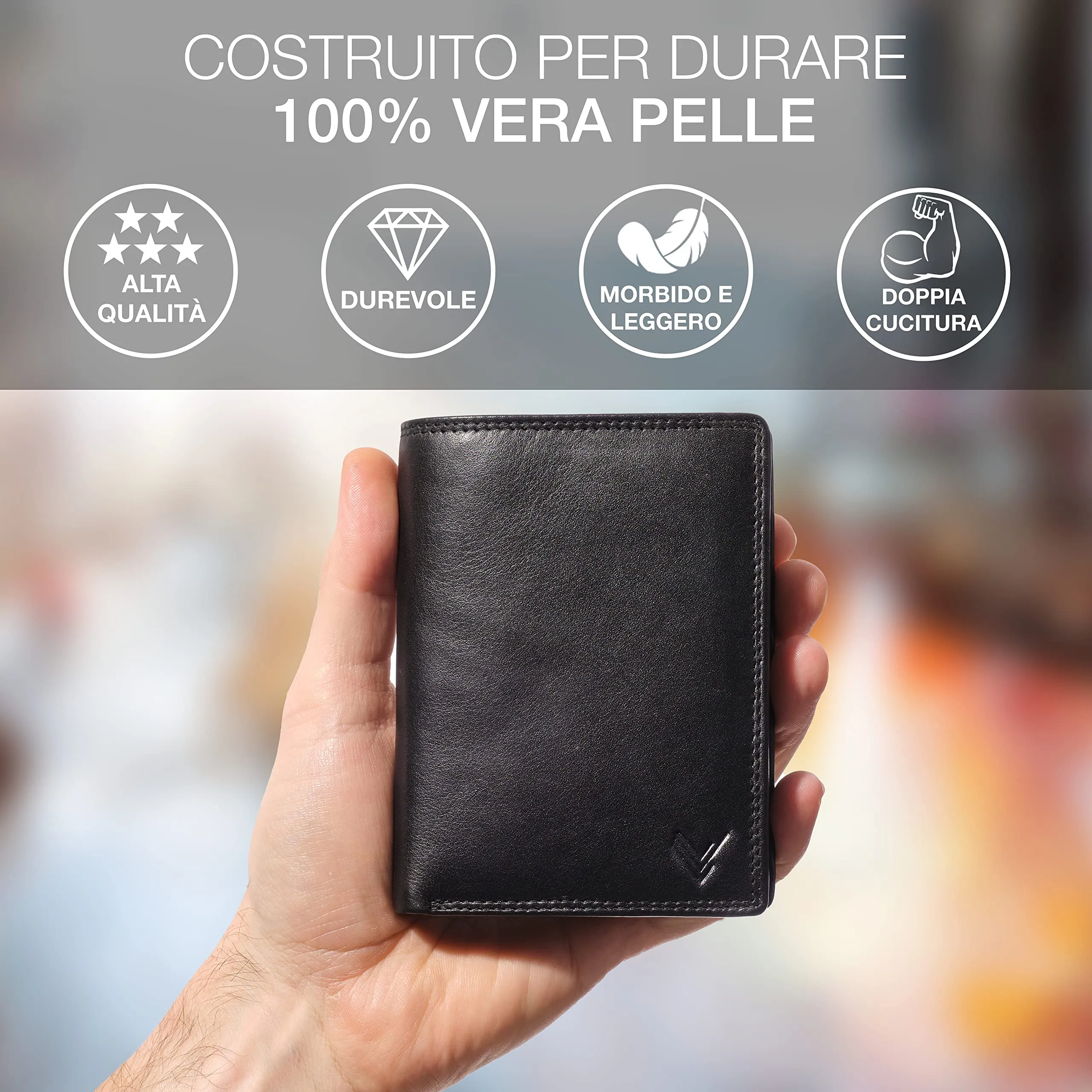Portafoglio Verticale Uomo Slim Vera Pelle RFID Porta Carte Portamonete - immagine 2