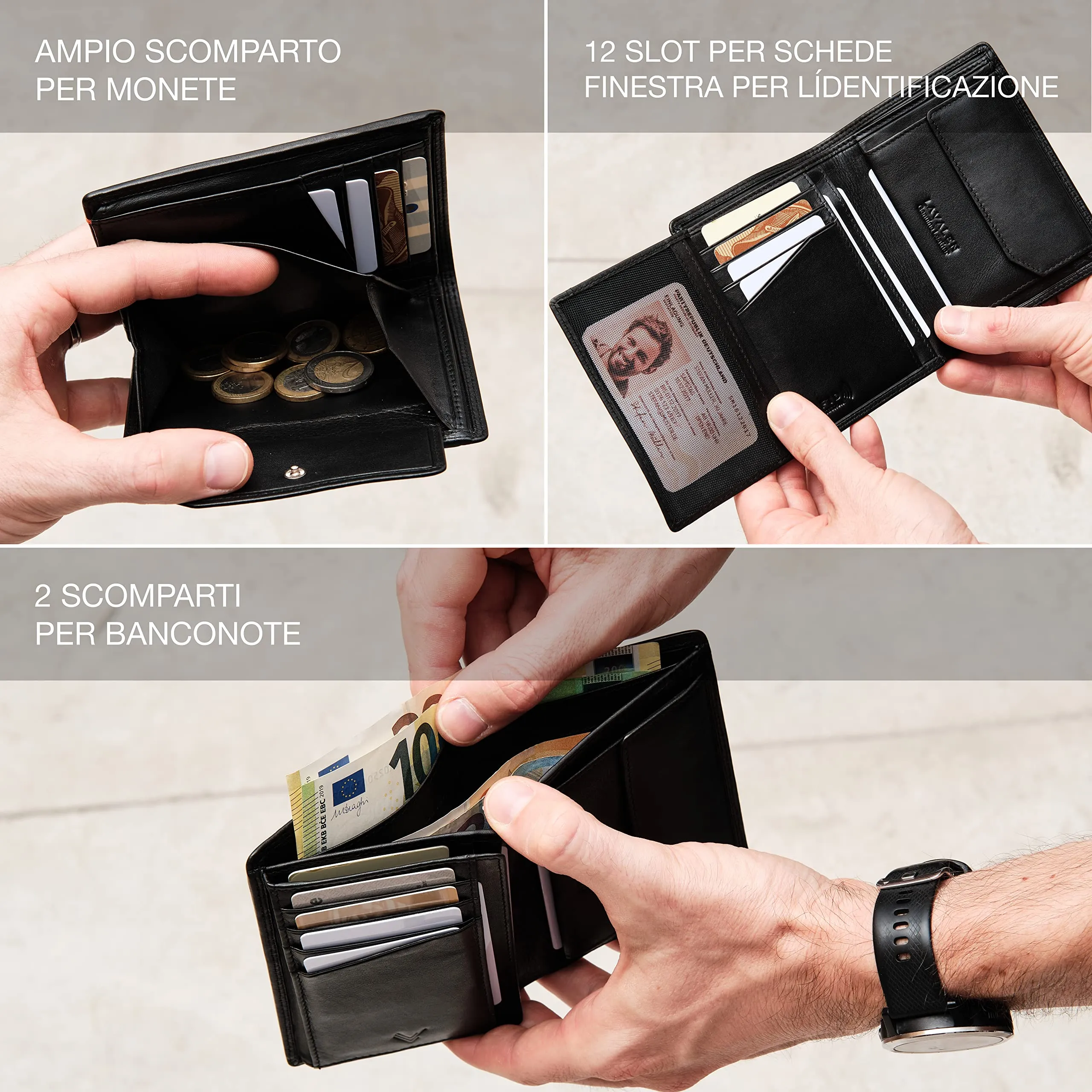 Portafoglio Verticale Uomo Slim Vera Pelle RFID Porta Carte Portamonete - immagine 3