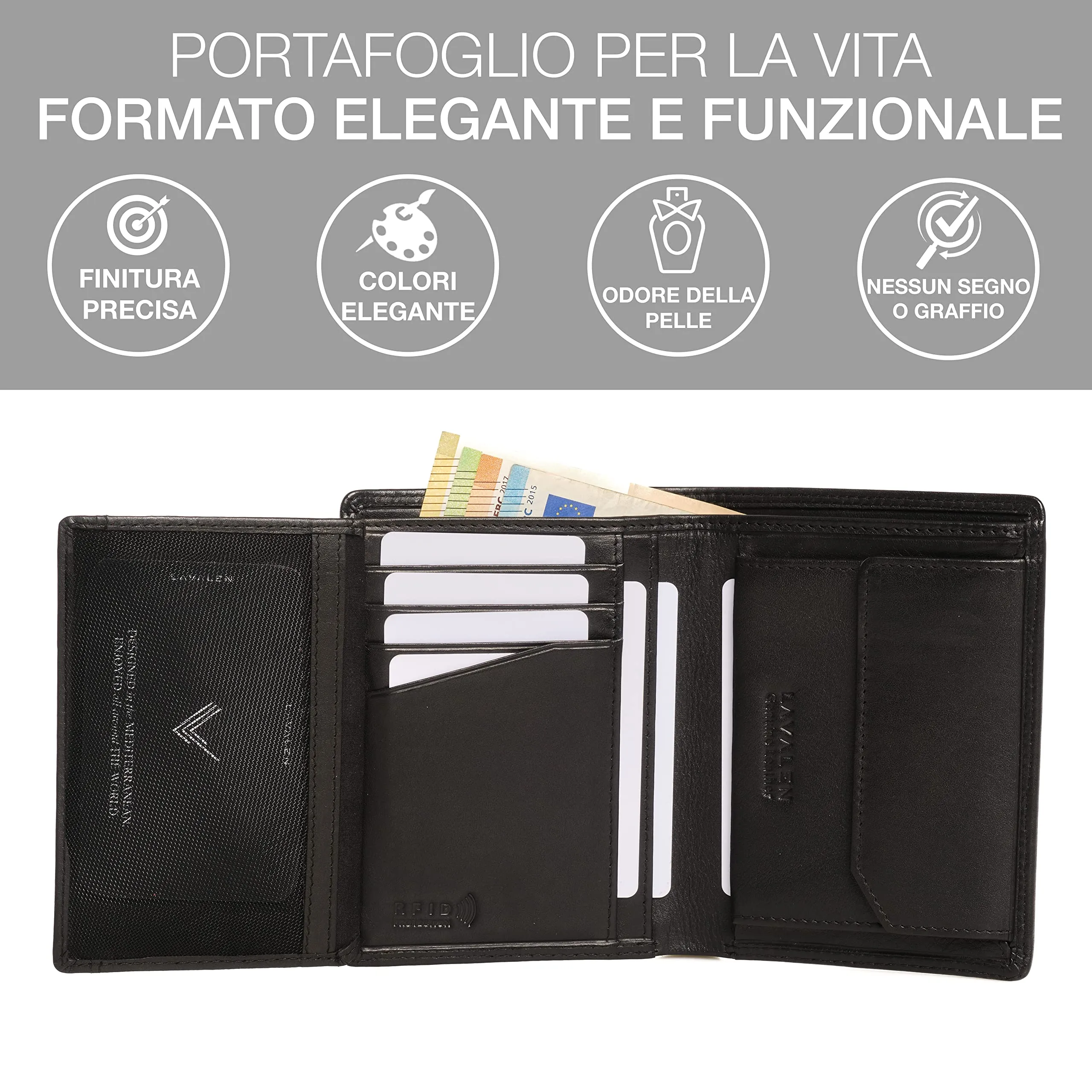 Portafoglio Verticale Uomo Slim Vera Pelle RFID Porta Carte Portamonete - immagine 4