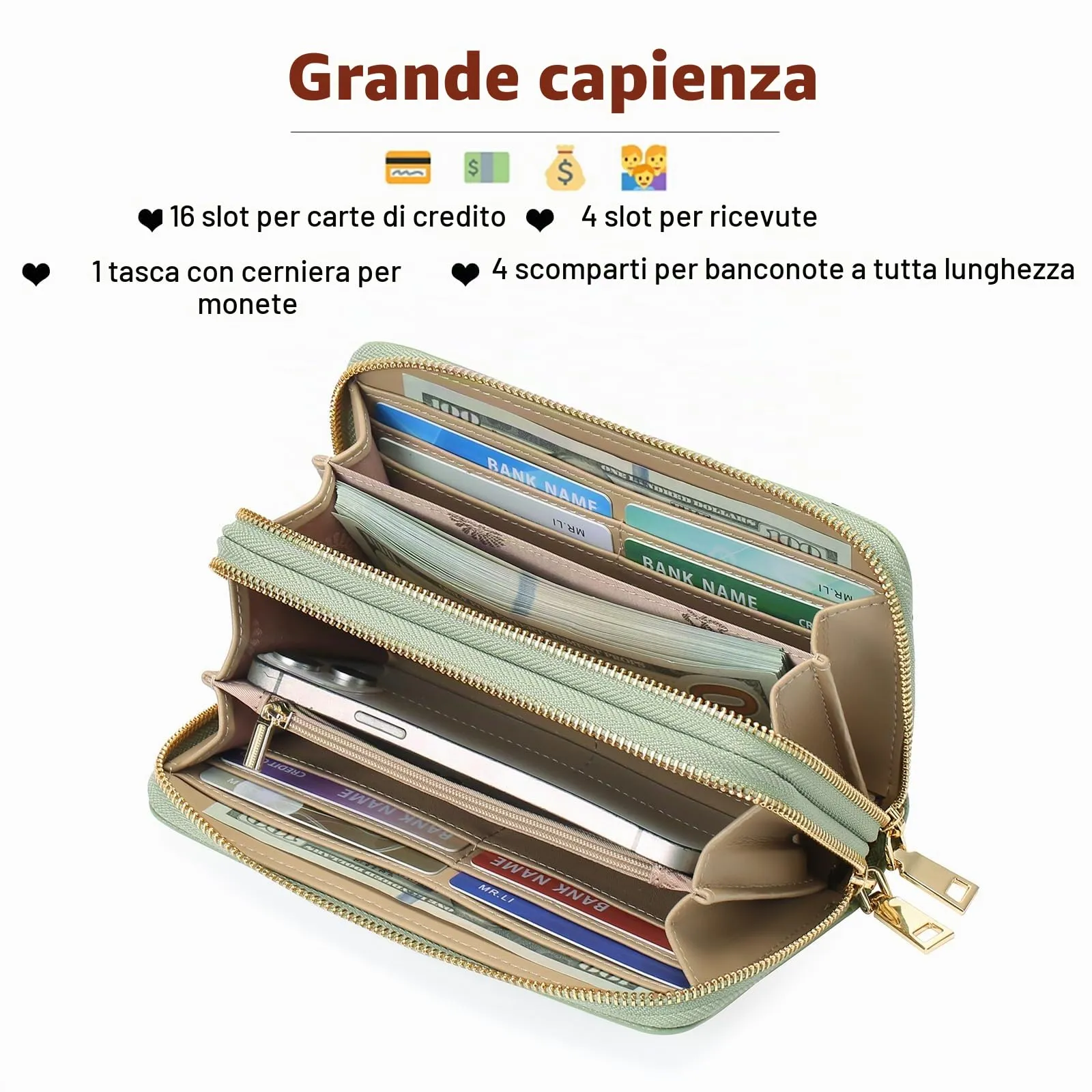 GOIACII Portafoglio Donna Grande Capacità Doppia Cerniera Porta Carta di Credito Portafogli da Donna in Pelle con Blocco RFID Telefono Wristlet - immagine 4