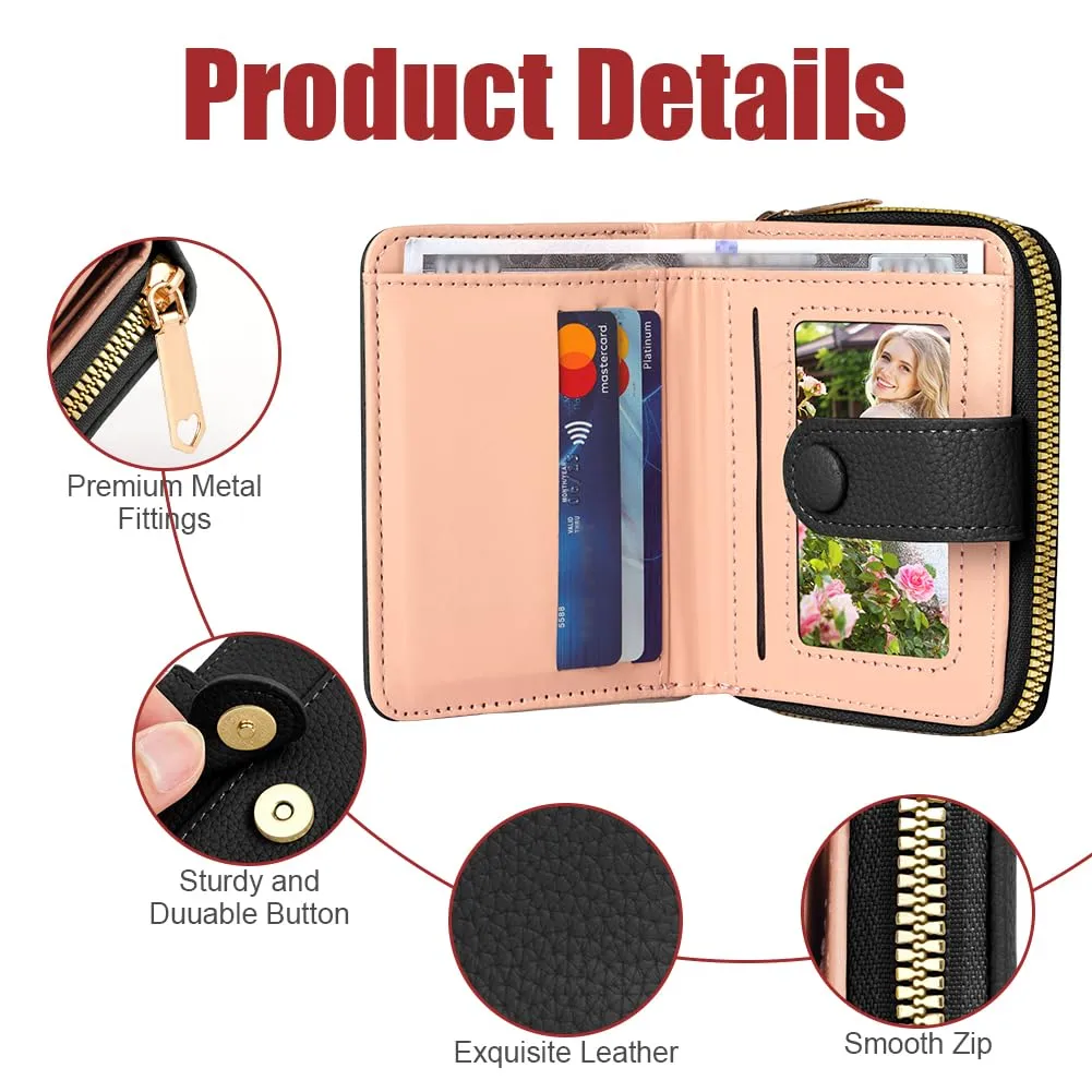 Adiwo Portafoglio da Donna, Pelle Portafoglio Portamonete con Cerniera, Piccolo Portafogli in Pelle Sintetica con Scomparto per Monete, Blocco RFID e Molti Altri Scomparti(Nero) - immagine 3