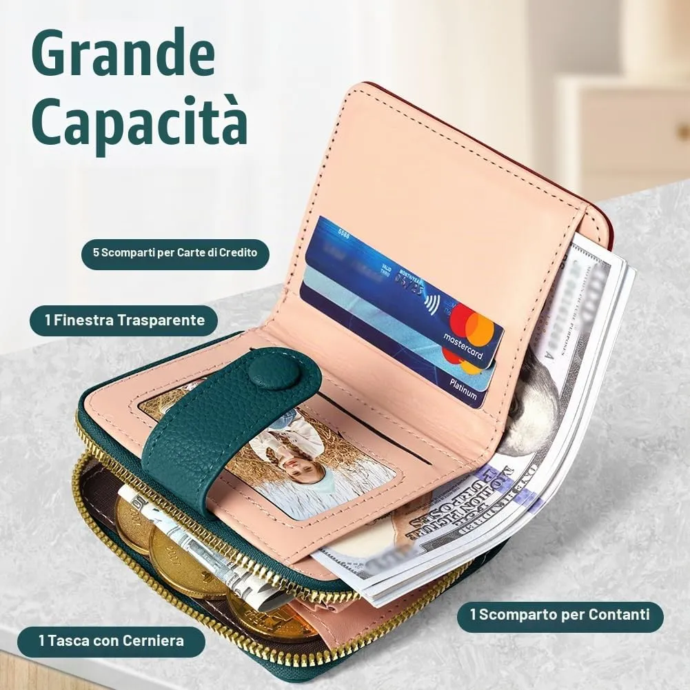 Adiwo Portafoglio da Donna, Pelle Portafoglio Portamonete con Cerniera, Piccolo Portafogli in Pelle Sintetica con Scomparto per Monete, Blocco RFID e Molti Altri Scomparti(Blu Scuro) - immagine 4