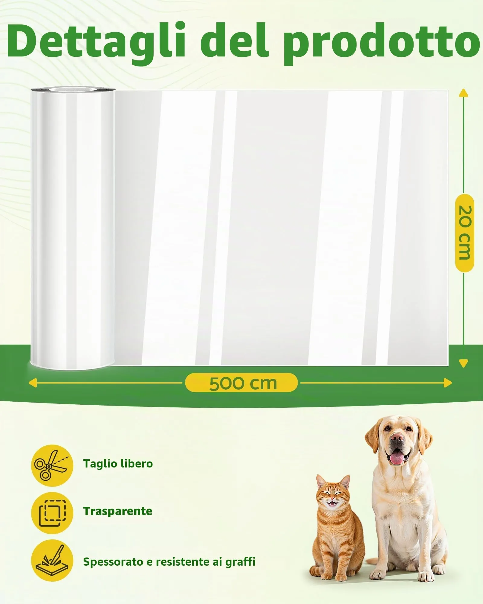 Gimars Protezione Divano Graffi Gatto 20cm x 5m – Nastro Adesivo Antigraffio Gatto Divano Trasparente per Poltrona, Porta e Parete – Protezione Artigli per Gatti e Cani - immagine 2