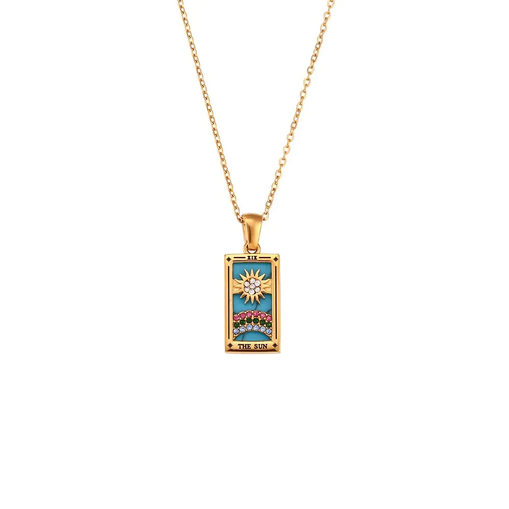 fdsmall Collana da donna, con ciondolo a forma di mappa dei tarocchi, in acciaio inox dorato, con zirconi, gioiello da donna, Eine Größe, Metallo, Non pietra preziosa - immagine 1