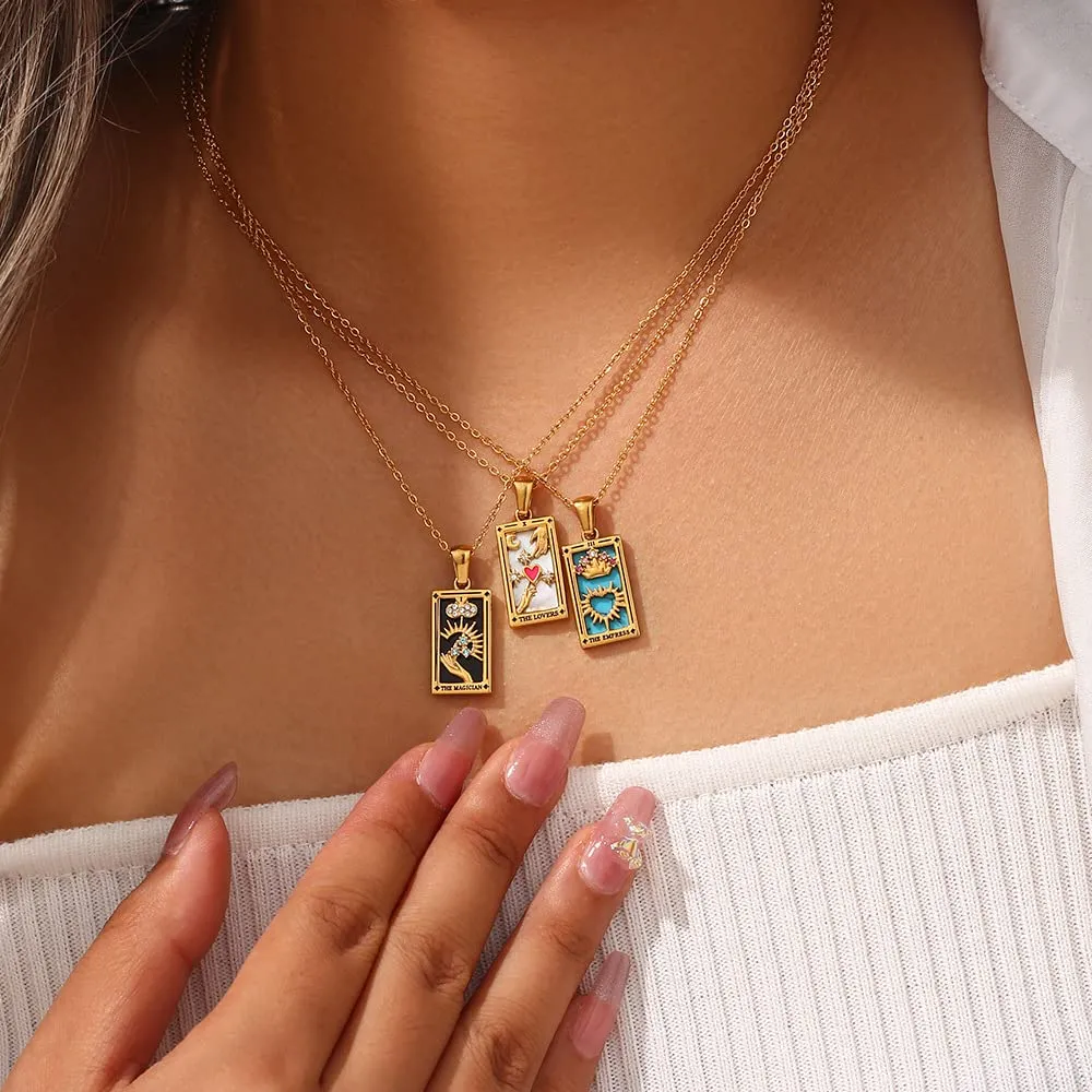 Fdsmall Collana da Donna, Ciondolo a Carta del Tarocco della Costellazione, Doppio Lato, Oro, Acciaio Inossidabile, Zircone, Gioielli per Donne, Eine Größe, Metallo, Non pietra preziosa - immagine 4