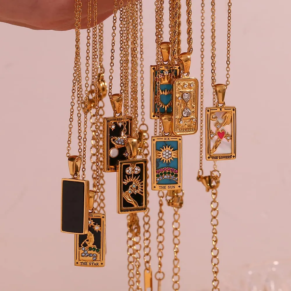 Fdsmall Collana da Donna, Ciondolo a Carta del Tarocco della Costellazione, Doppio Lato, Oro, Acciaio Inossidabile, Zircone, Gioielli per Donne, Eine Größe, Metallo, Non pietra preziosa - immagine 5