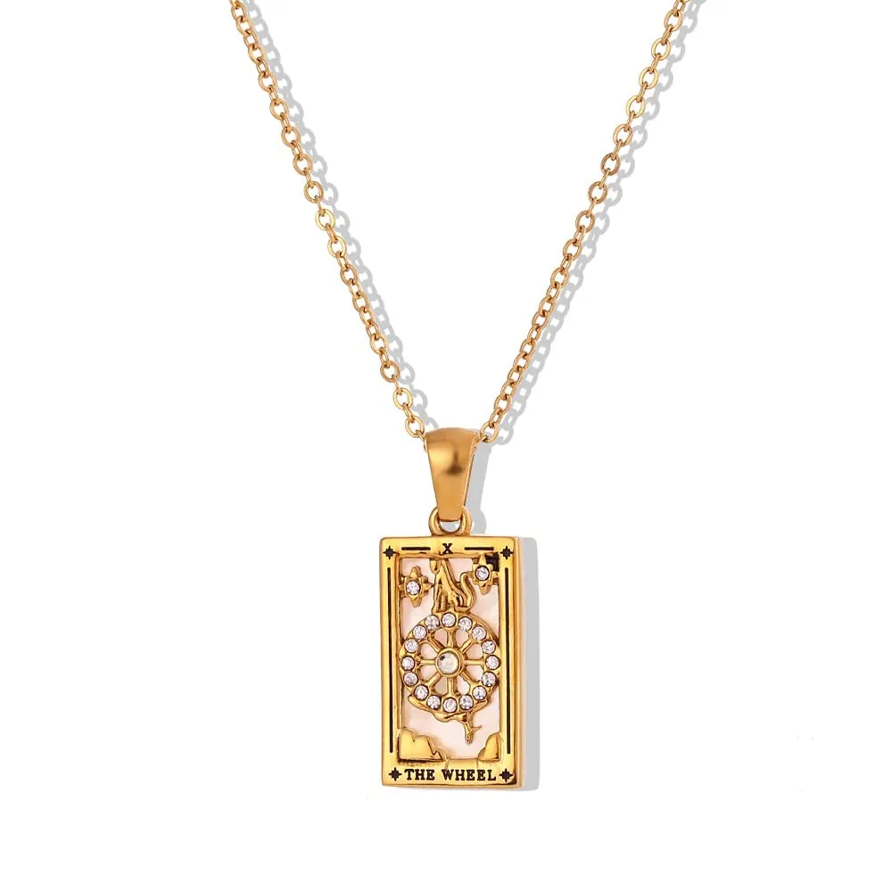 fdsmall Collana da donna, con ciondolo a forma di mappa dei tarocchi, in acciaio inox dorato, con zirconi, gioiello da donna, Taglia unica, Metallo, Non pietra preziosa - immagine 1
