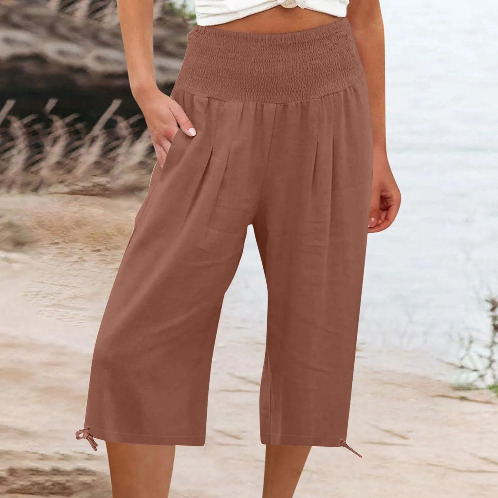 Pantaloni Capri Donna Estivi Curvy Bermuda Cotone E Lino Leggeri Da Donna Pinocchietti Capri Sportivi Casual Pantaloni Cropped Di Lino Spiaggia Pantalone Al Ginocchio Da Corsa Pants Eleganti Baggy - immagine 2