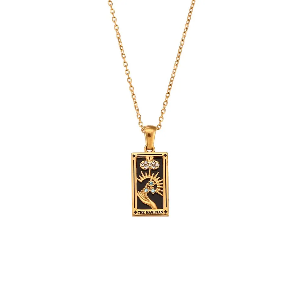 fdsmall Collana da donna, con ciondolo a forma di carta dei tarocchi della costellazione su entrambi i lati, in acciaio inox dorato, con zirconi, gioielli da donna, Non pietra preziosa - immagine 1