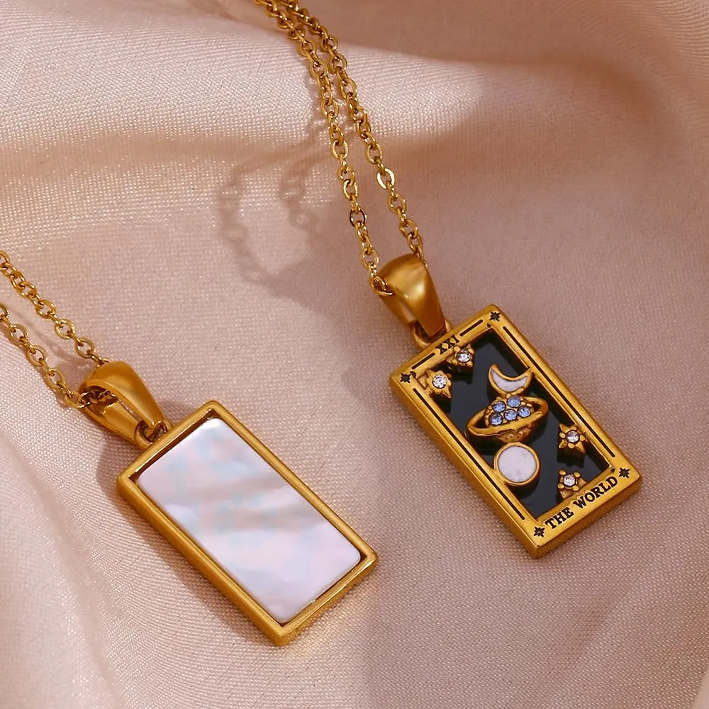 fdsmall Collana da donna, con ciondolo a forma di carta dei tarocchi della costellazione su entrambi i lati, in acciaio inox dorato, con zirconi, gioielli da donna, Non pietra preziosa - immagine 4