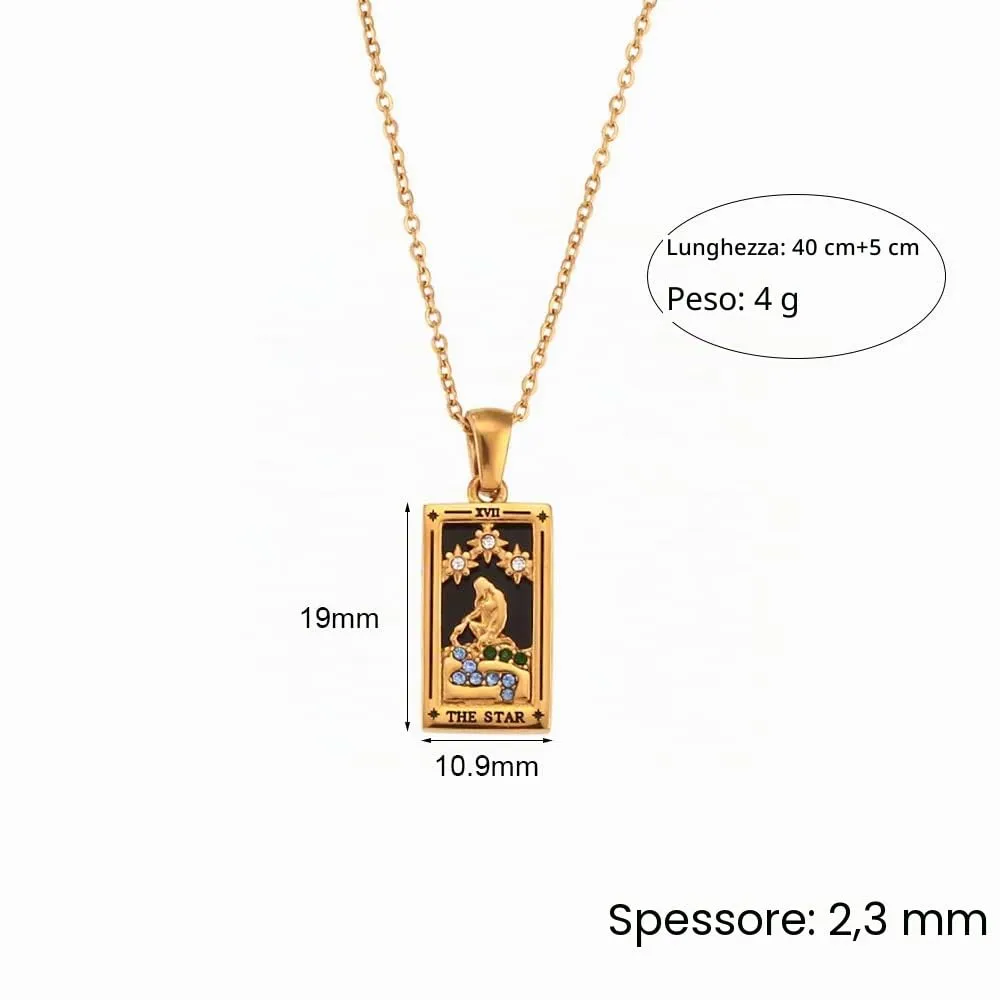 fdsmall Collana da donna, con ciondolo a forma di carta dei tarocchi della costellazione su entrambi i lati, in acciaio inox dorato, con zirconi, gioielli da donna, Non pietra preziosa - immagine 5