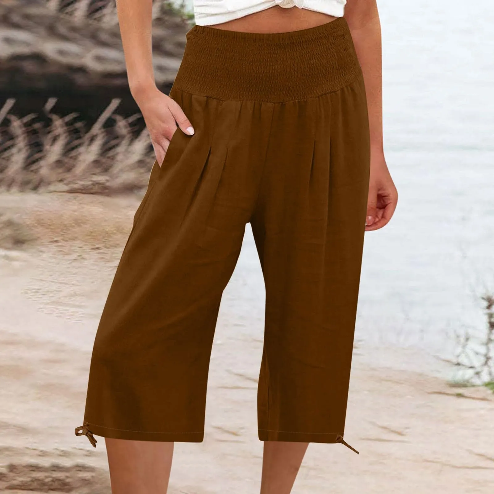 Pantaloni Capri Donna Estivi Curvy Bermuda Cotone E Lino Leggeri Da Donna Pinocchietti Capri Sportivi Casual Pantaloni Cropped Di Lino Spiaggia Pantalone Al Ginocchio Da Corsa Pants Eleganti Baggy - immagine 2