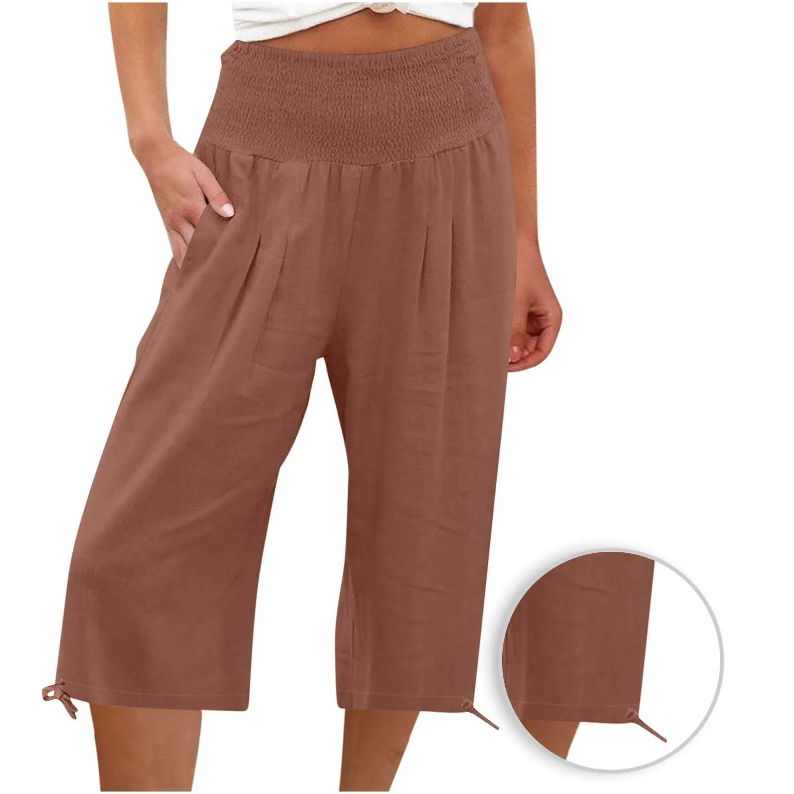 Pantaloni Capri Donna Estivi Curvy Bermuda Cotone E Lino Leggeri Da Donna Pinocchietti Capri Sportivi Casual Pantaloni Cropped Di Lino Spiaggia Pantalone Al Ginocchio Da Corsa Pants Eleganti Baggy - immagine 3