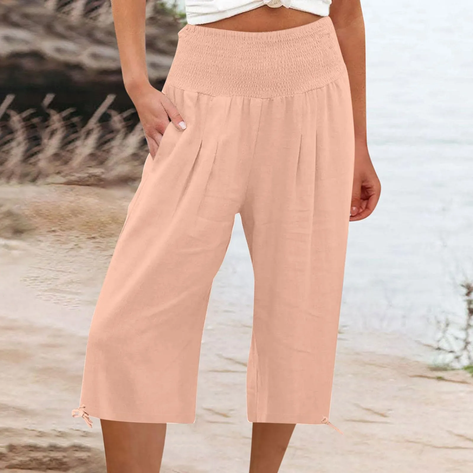 Pantaloni Capri Donna Estivi Curvy Bermuda Cotone E Lino Leggeri Da Donna Pinocchietti Capri Sportivi Casual Pantaloni Cropped Di Lino Spiaggia Pantalone Al Ginocchio Da Corsa Pants Eleganti Baggy - immagine 2