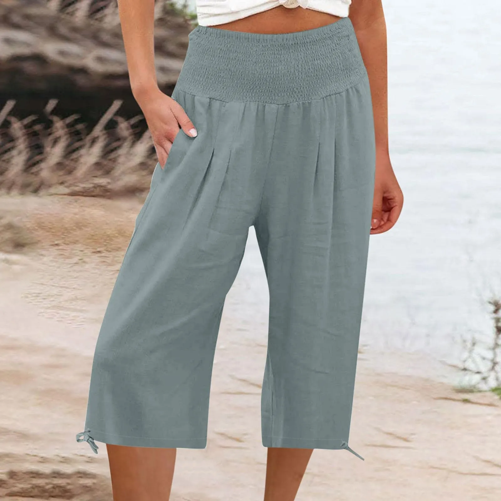 Pantaloni Capri Donna Estivi Curvy Bermuda Cotone E Lino Leggeri Da Donna Pinocchietti Capri Sportivi Casual Pantaloni Cropped Di Lino Spiaggia Pantalone Al Ginocchio Da Corsa Pants Eleganti Baggy - immagine 2