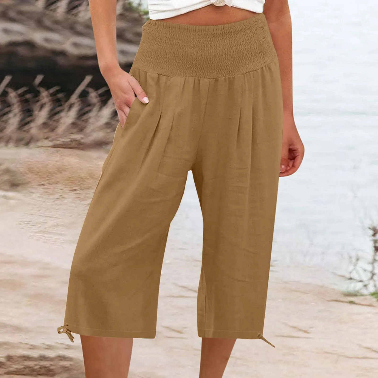 Pantaloni Capri Donna Estivi Curvy Bermuda Cotone E Lino Leggeri Da Donna Pinocchietti Capri Sportivi Casual Pantaloni Cropped Di Lino Spiaggia Pantalone Al Ginocchio Da Corsa Pants Eleganti Baggy - immagine 2