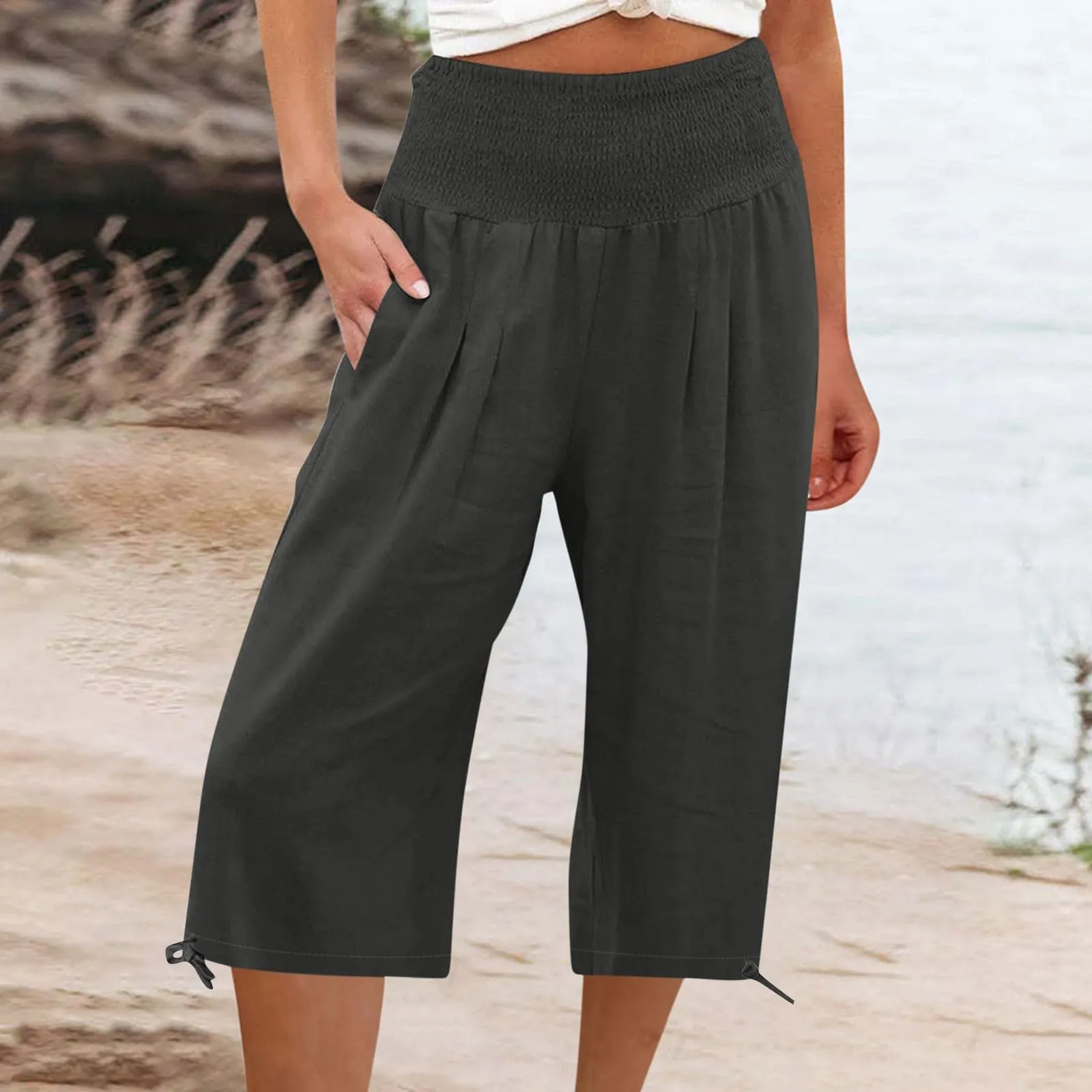 Pantaloni Capri Donna Estivi Curvy Bermuda Cotone E Lino Leggeri Da Donna Pinocchietti Capri Sportivi Casual Pantaloni Cropped Di Lino Spiaggia Pantalone Al Ginocchio Da Corsa Pants Eleganti Baggy - immagine 2