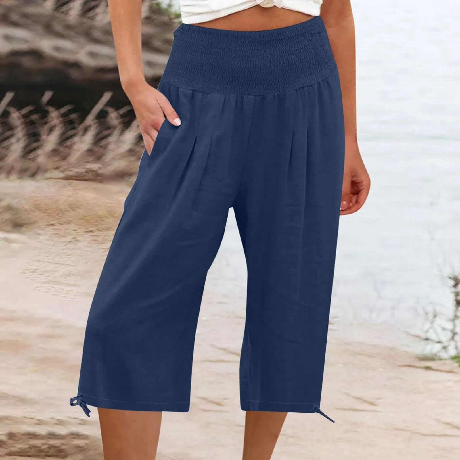 Pantaloni Capri Donna Estivi Curvy Bermuda Cotone E Lino Leggeri Da Donna Pinocchietti Capri Sportivi Casual Pantaloni Cropped Di Lino Spiaggia Pantalone Al Ginocchio Da Corsa Pants Eleganti Baggy - immagine 2